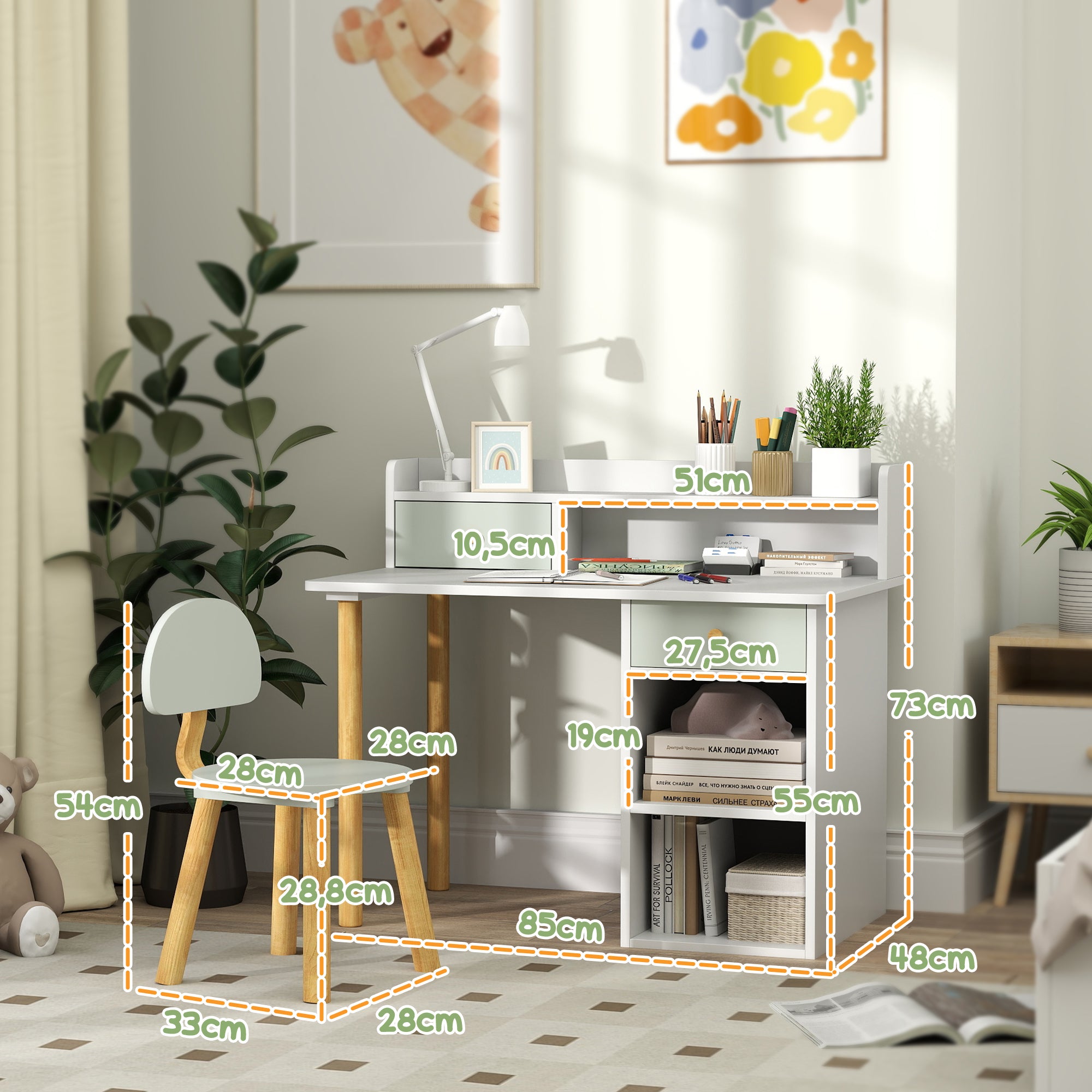 Conjunto Secretária e Cadeira Infantil 85x48x73 cm Branco e Verde