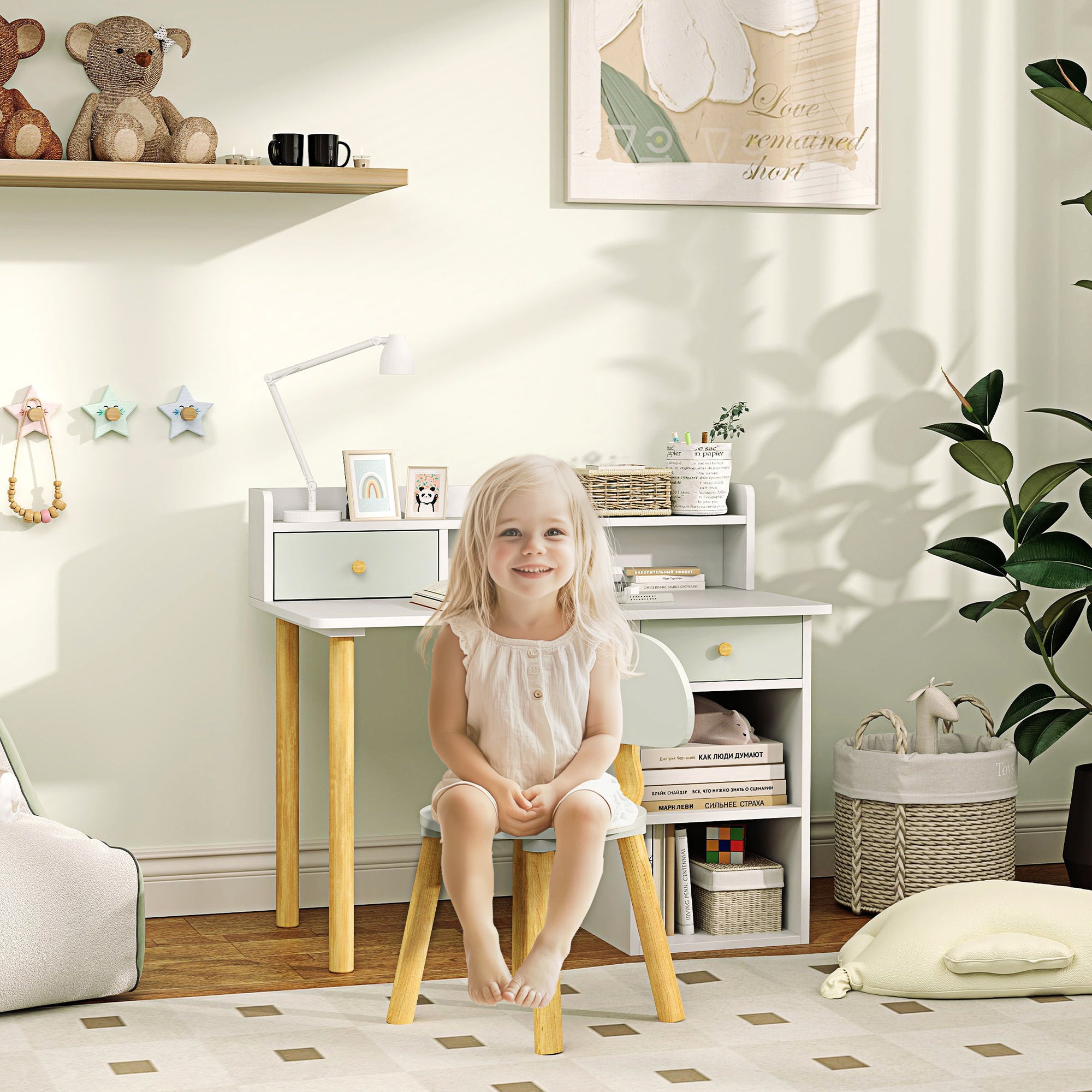 Conjunto Secretária e Cadeira Infantil 85x48x73 cm Branco e Verde