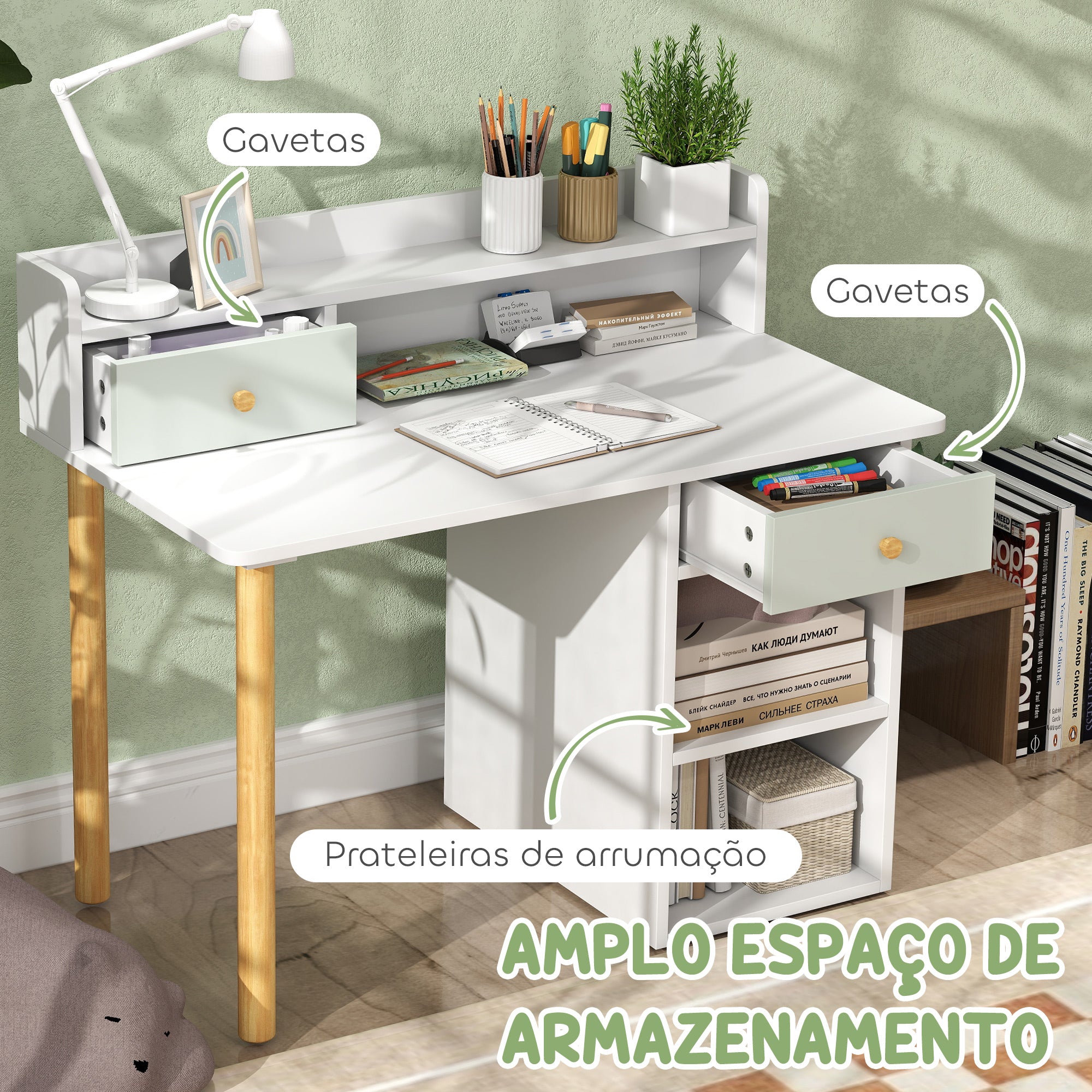 Conjunto Secretária e Cadeira Infantil 85x48x73 cm Branco e Verde