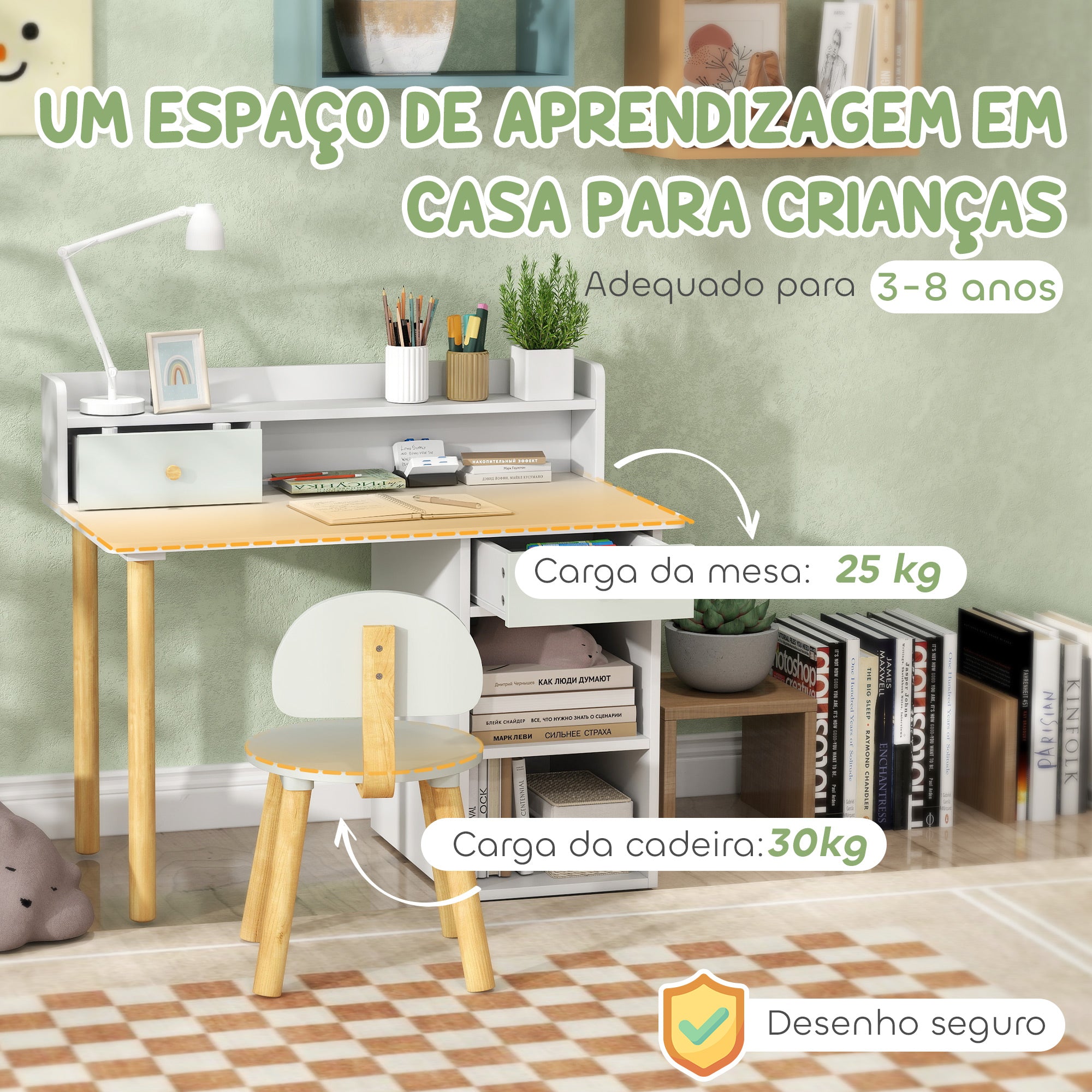 Conjunto Secretária e Cadeira Infantil 85x48x73 cm Branco e Verde