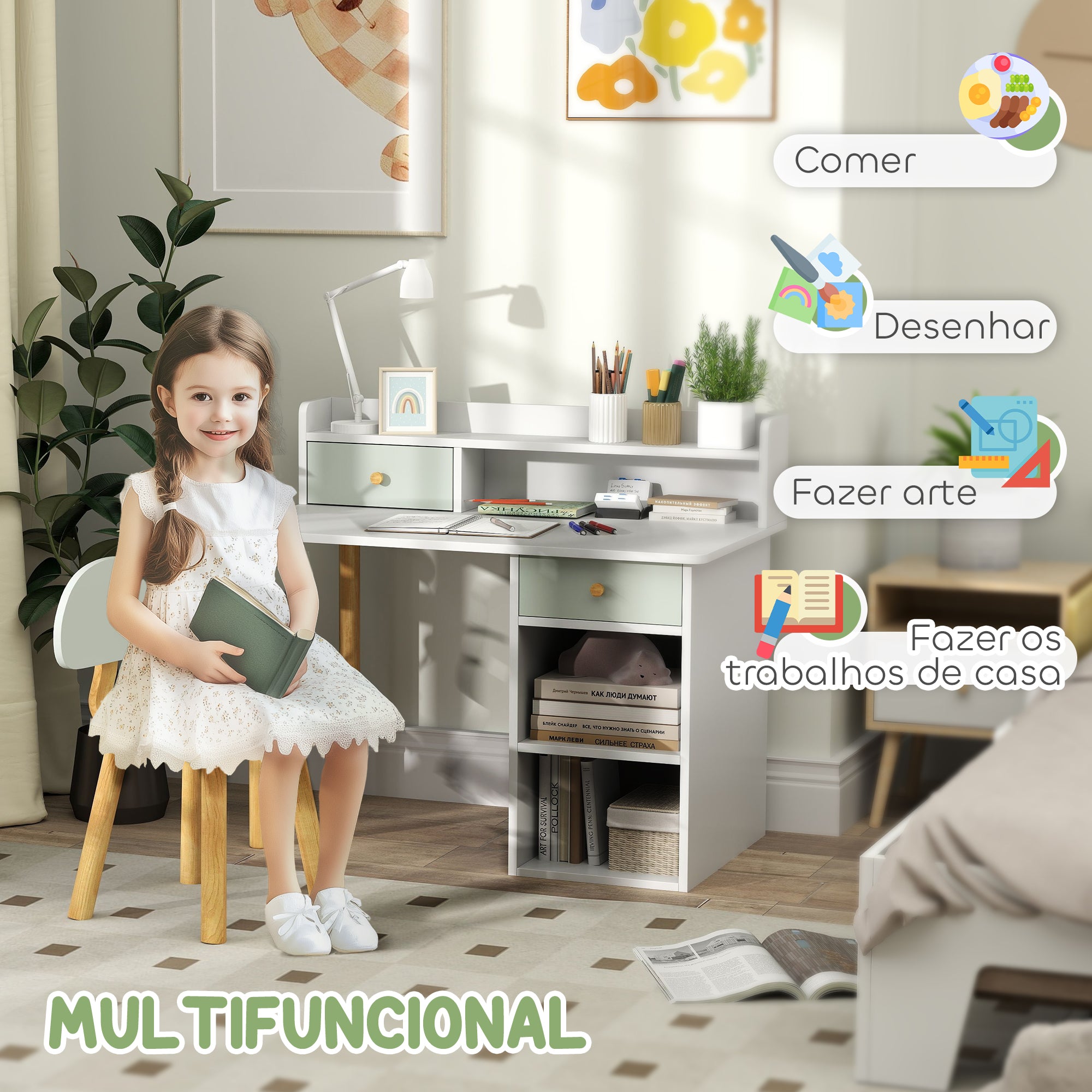 Conjunto Secretária e Cadeira Infantil 85x48x73 cm Branco e Verde