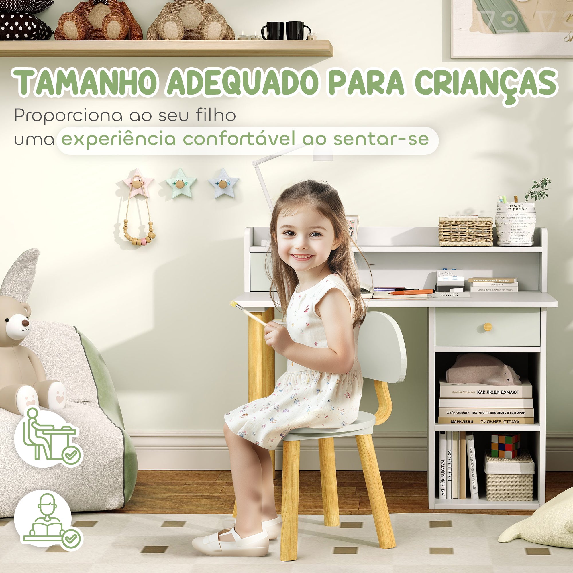 Conjunto Secretária e Cadeira Infantil 85x48x73 cm Branco e Verde