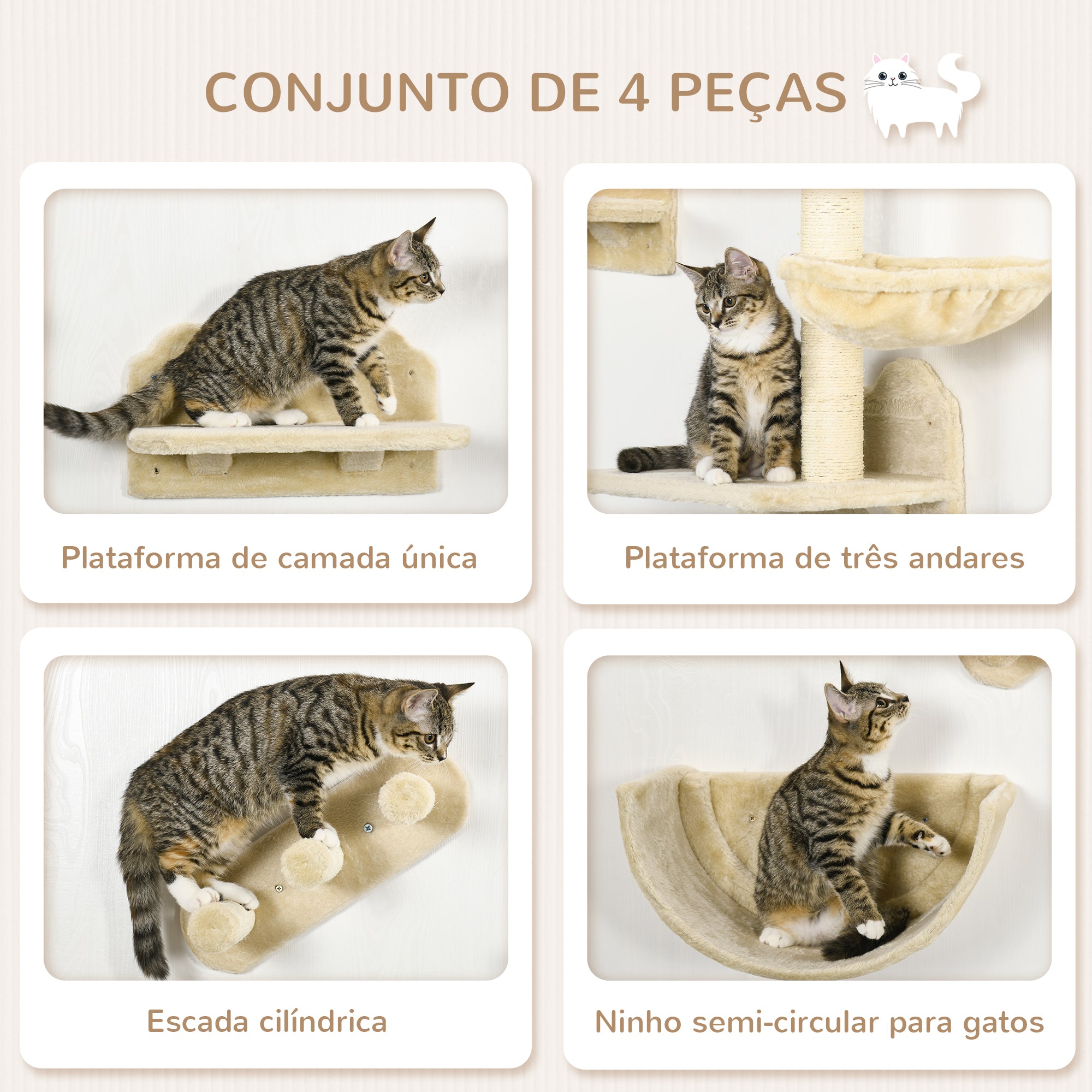 Prateleiras de Escalada para Gatos - 40x28x73 cm - Bege