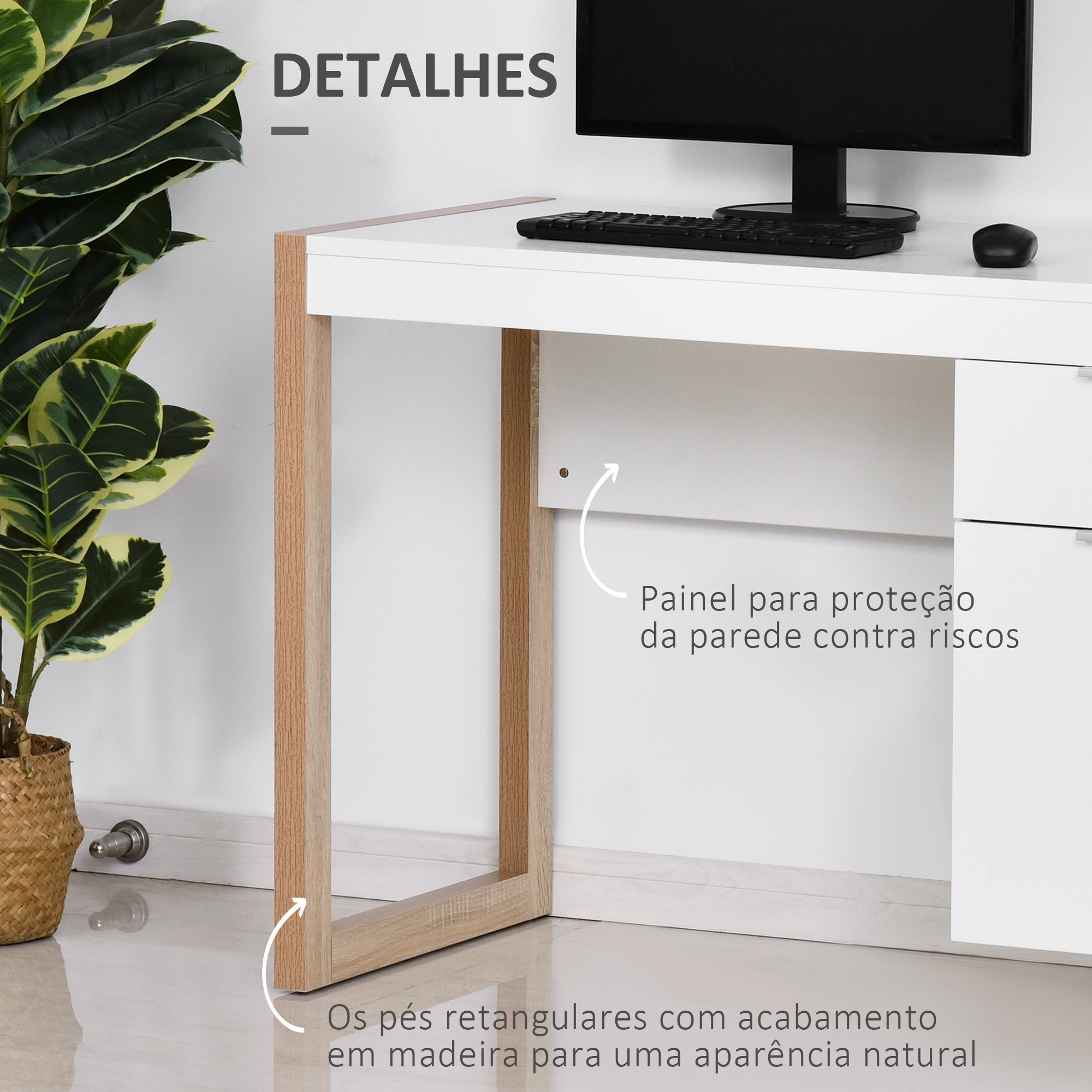 Secretária Espaçosa 112,5x50x75,5cm Branco e Madeira