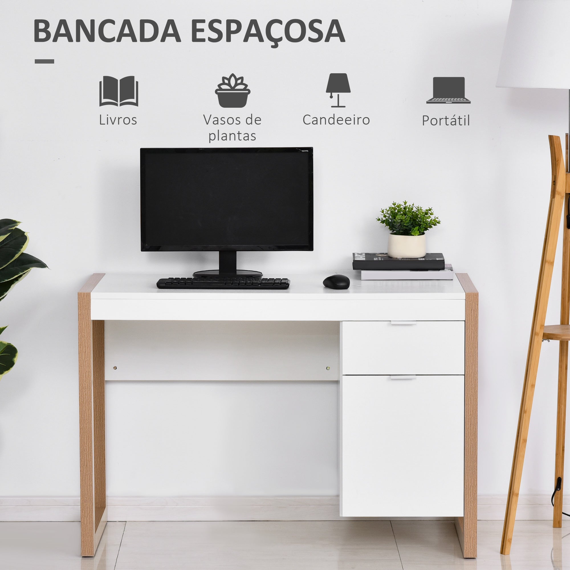 Secretária Espaçosa 112,5x50x75,5cm Branco e Madeira