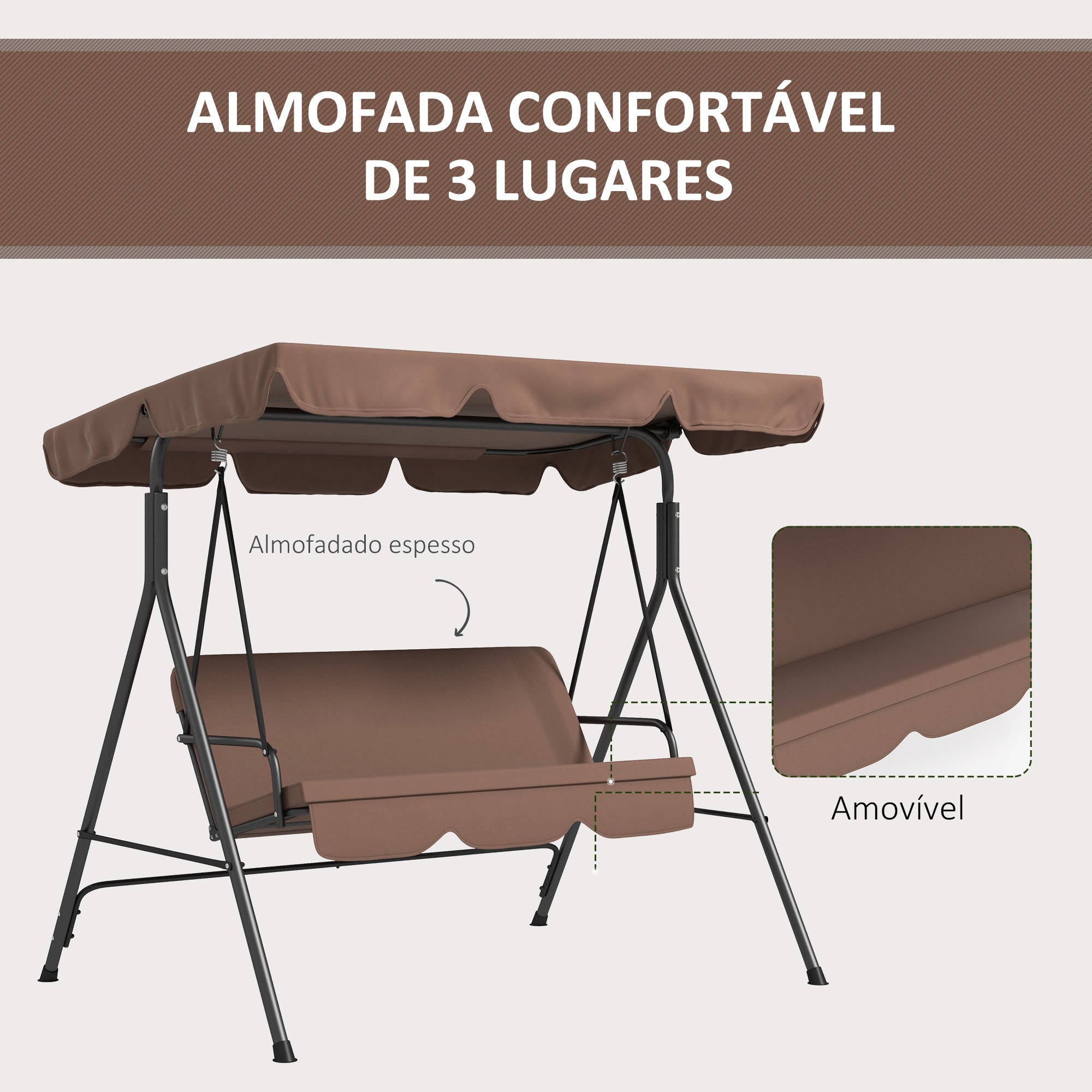 Baloiço de Jardim 3 Lugares Marrom 172x110x153 cm