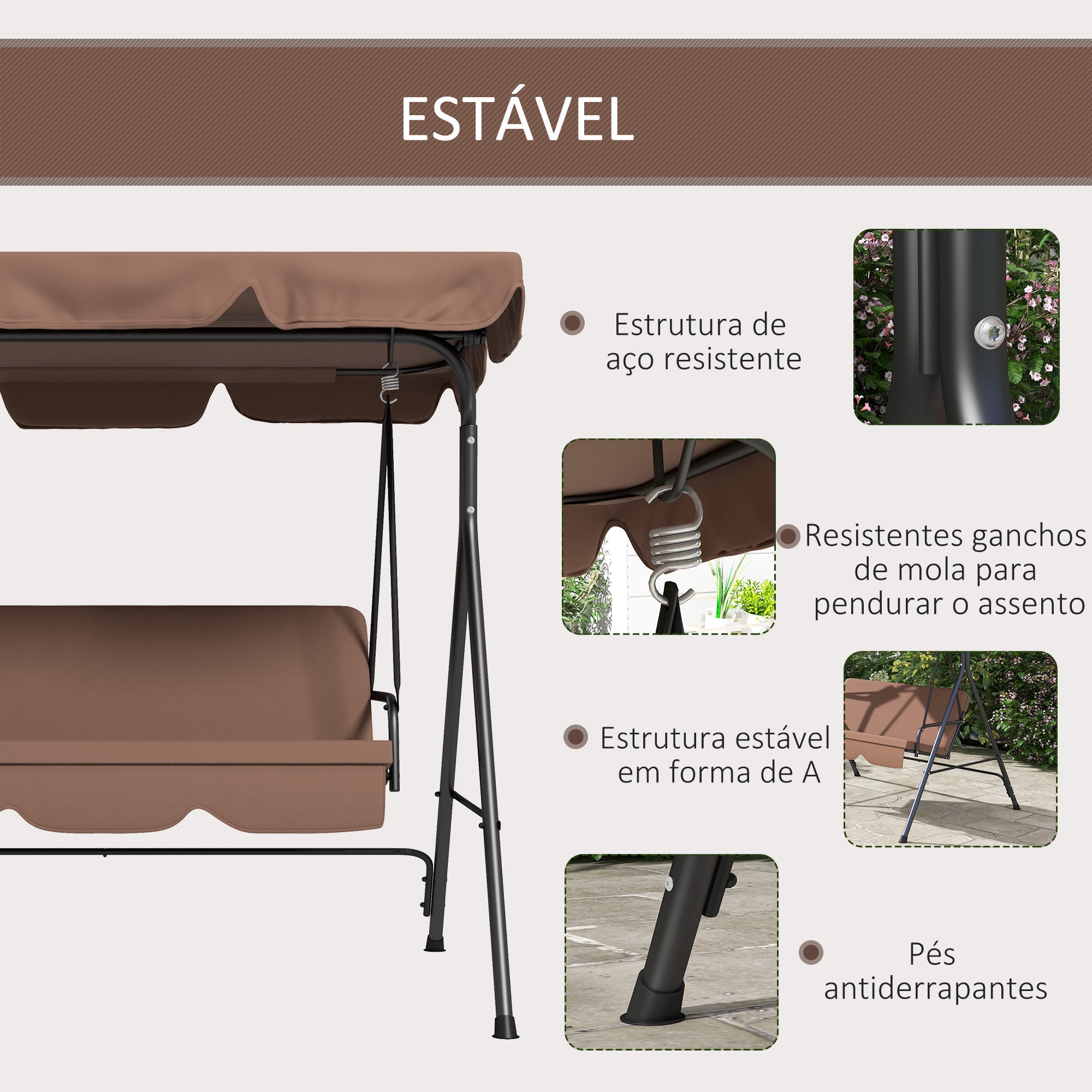 Baloiço de Jardim 3 Lugares Marrom 172x110x153 cm