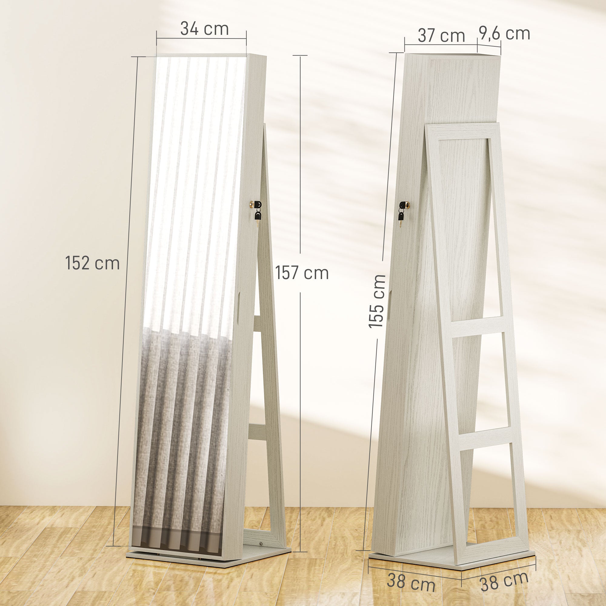 Armário Organizador de Joias com Luzes LED 38x38x157cm Branco e Bege