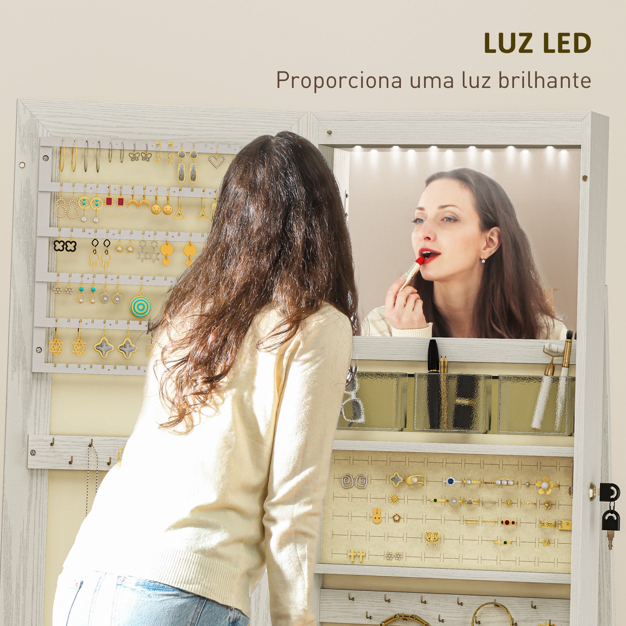 Armário Organizador de Joias com Luzes LED 38x38x157cm Branco e Bege