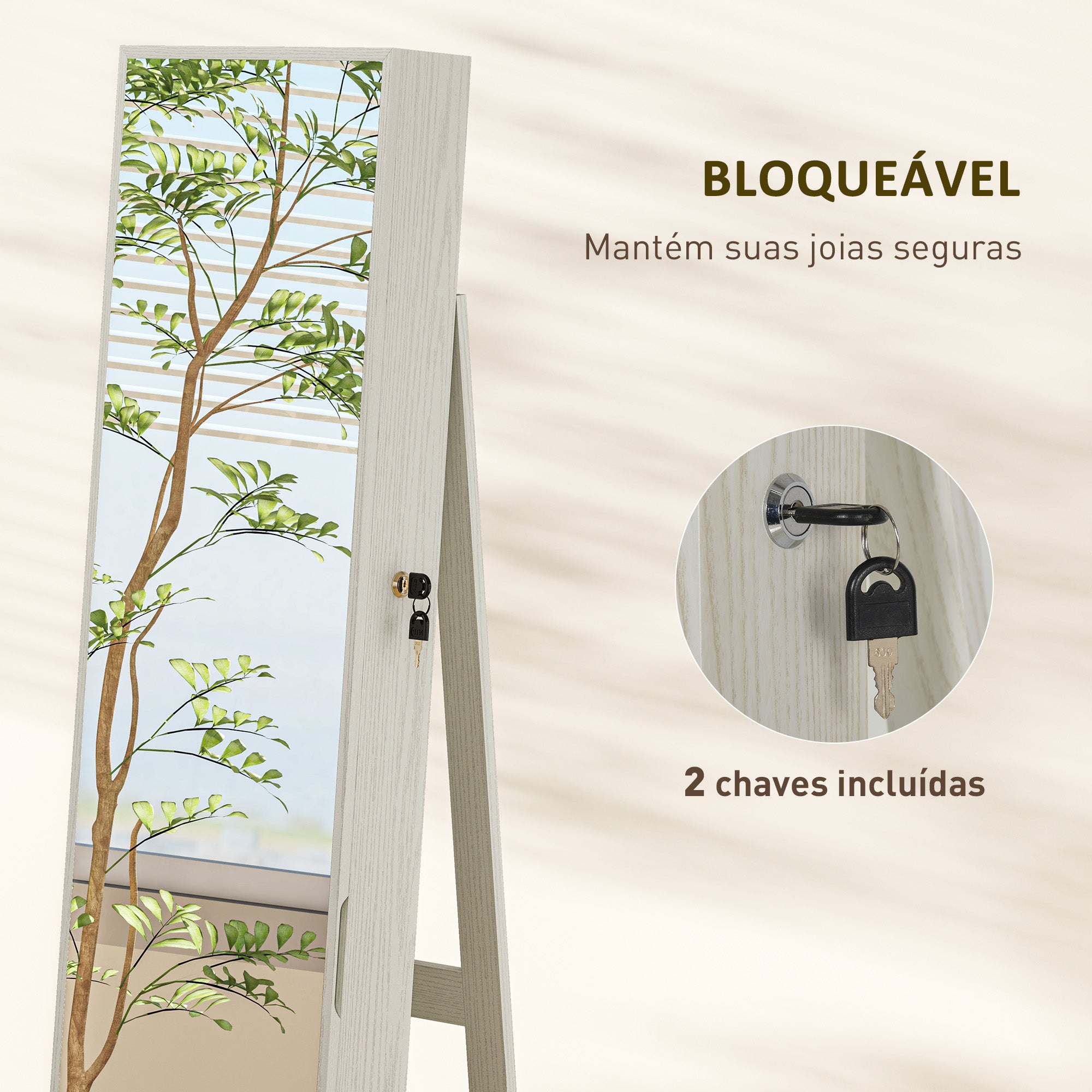 Armário Organizador de Joias com Luzes LED 38x38x157cm Branco e Bege