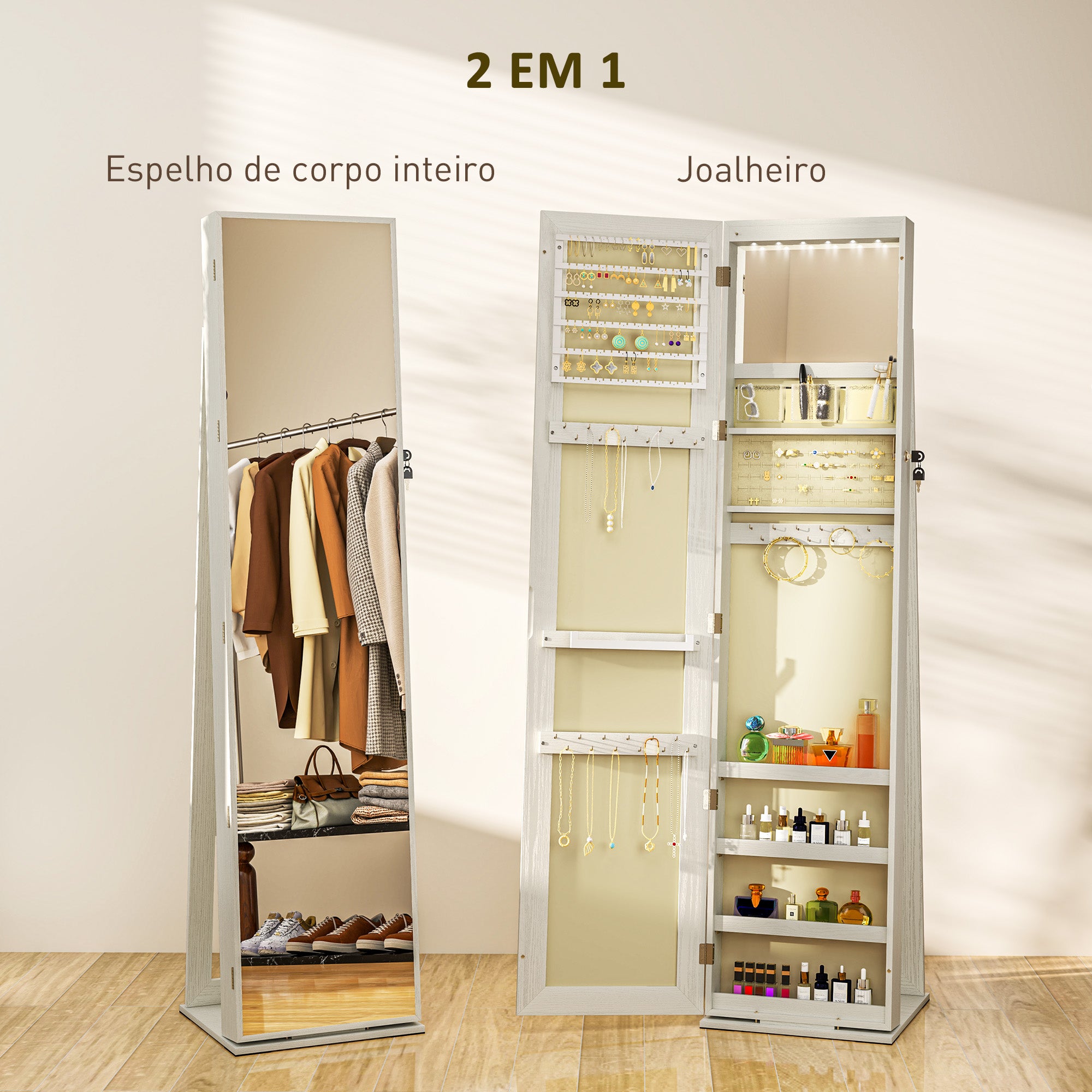 Armário Organizador de Joias com Luzes LED 38x38x157cm Branco e Bege