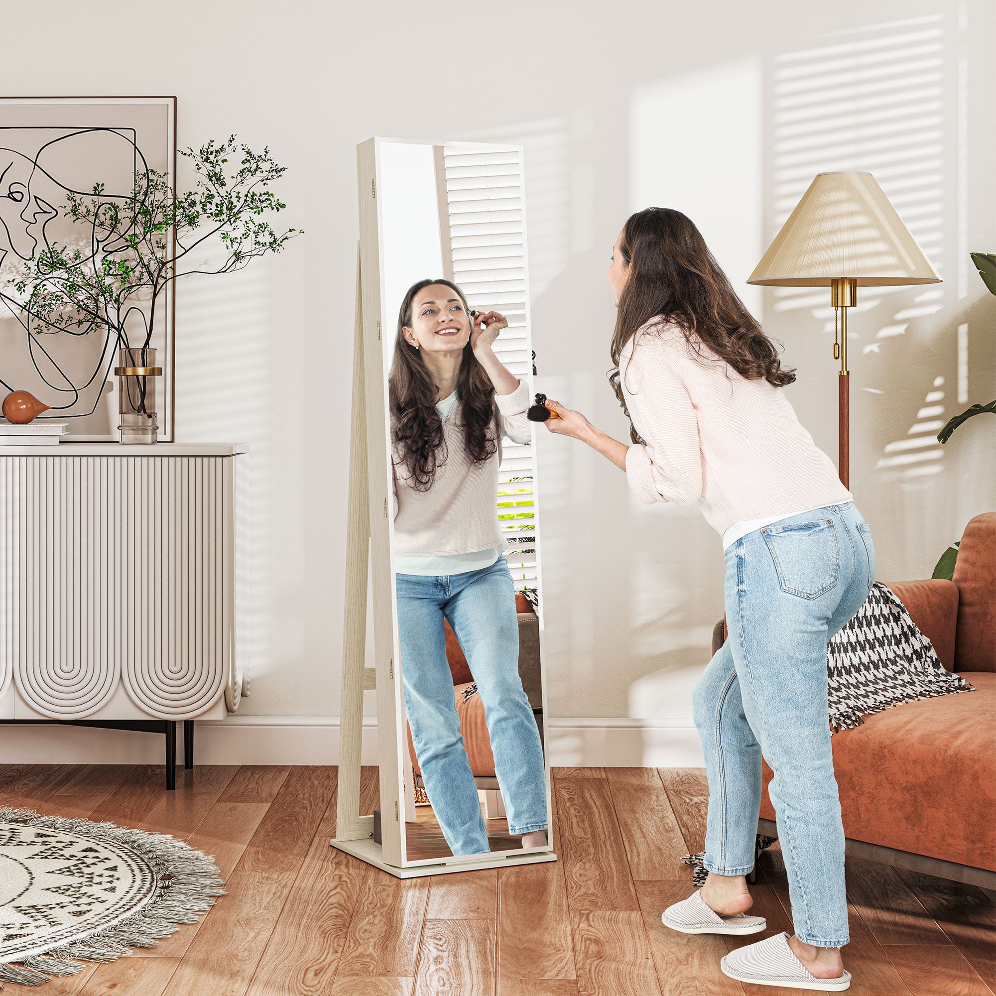Armário Organizador de Joias com Luzes LED 38x38x157cm Branco e Bege