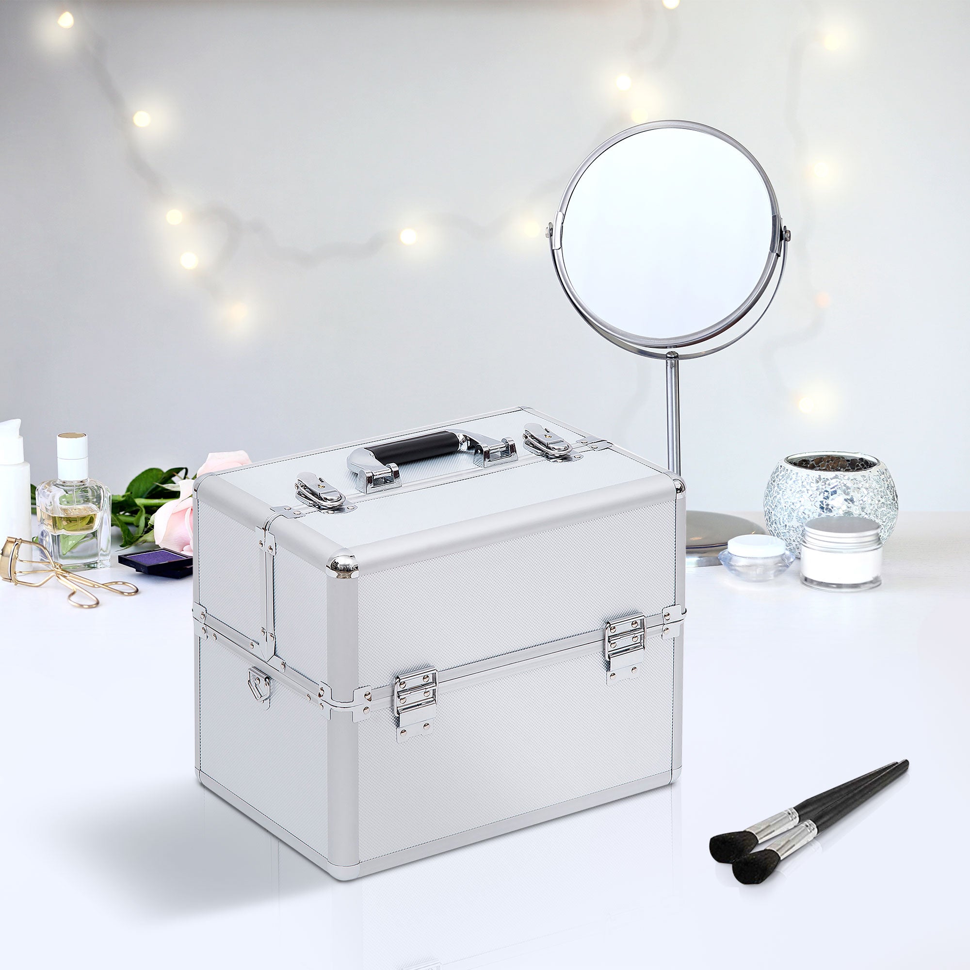 Mala de Maquilhagem de 3 Níveis Prata 36,5x24x29cm