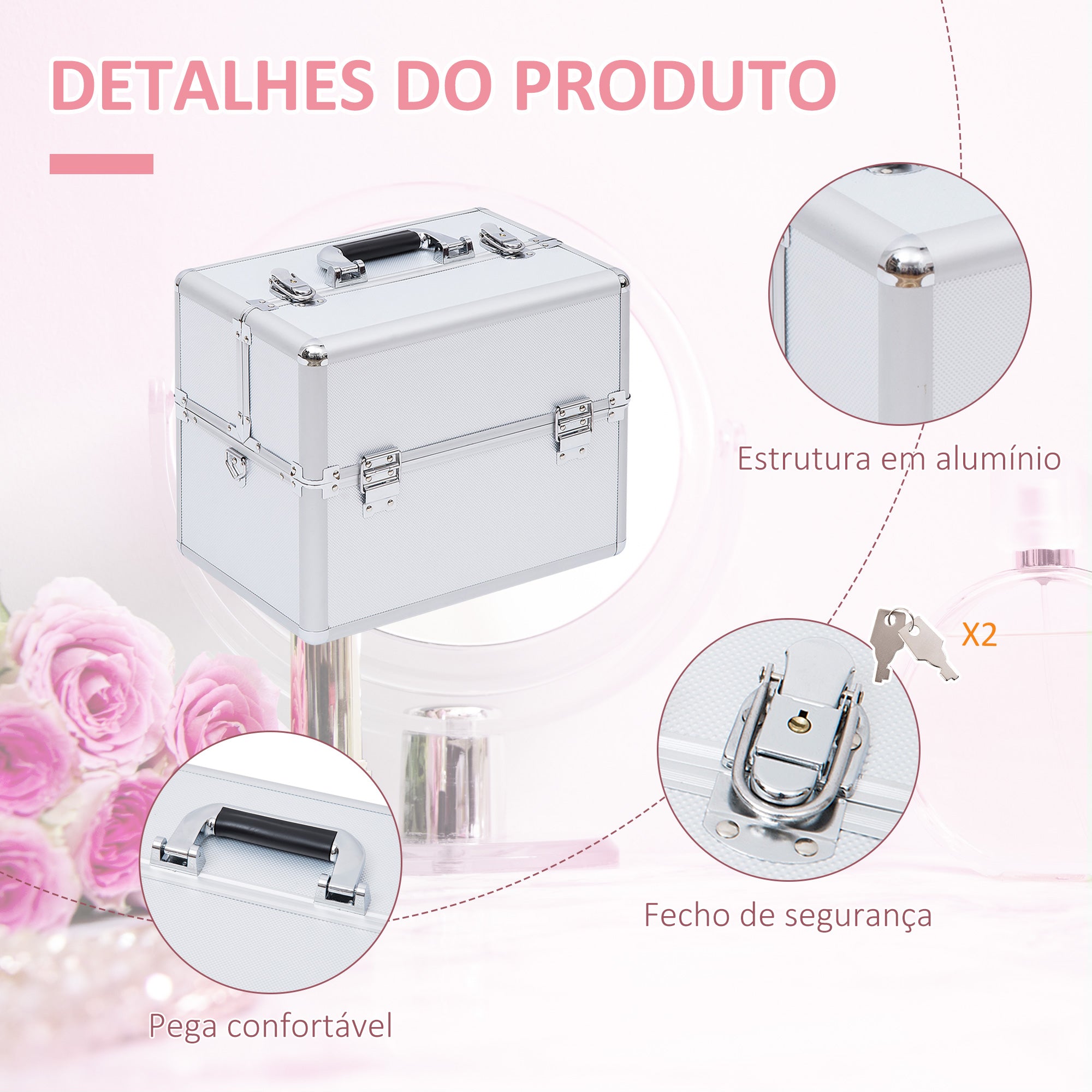 Mala de Maquilhagem de 3 Níveis Prata 36,5x24x29cm