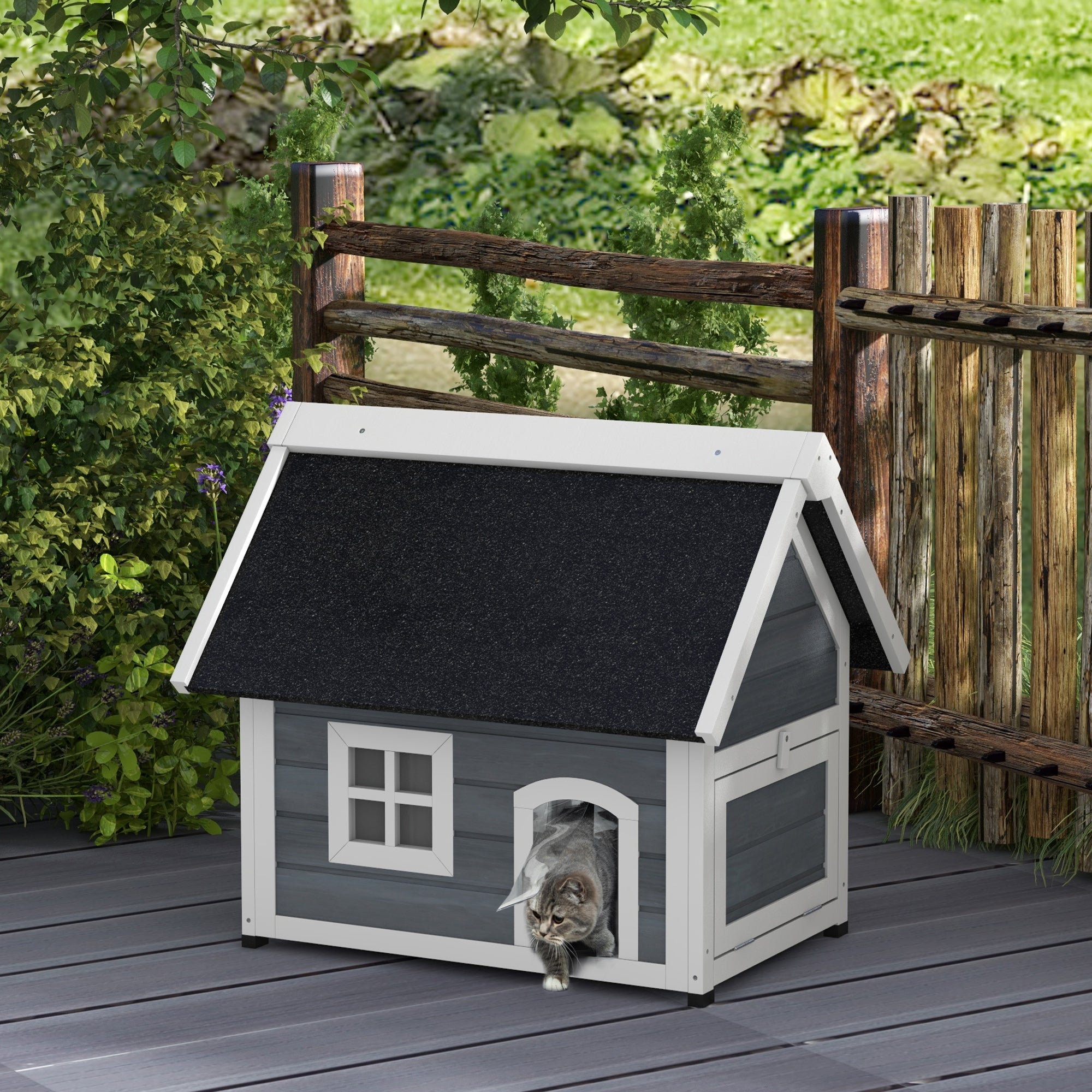 Casa para Gatos de Madeira com Telhado Asfáltico 77x57,5x68 cm - Cinzento