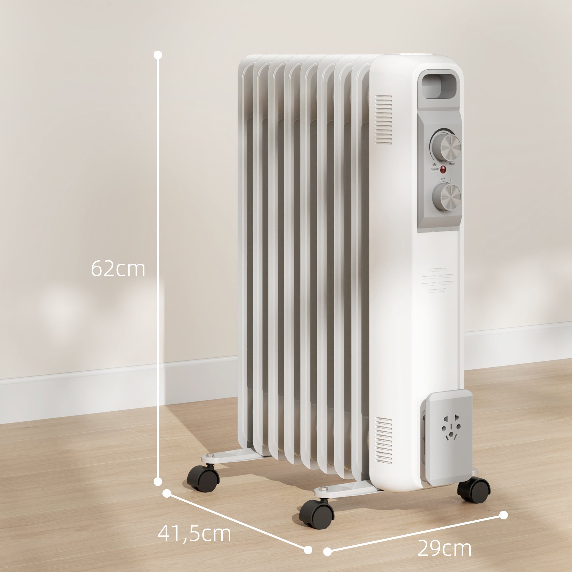 Aquecedor a Óleo Silencioso de 9 Elementos 2000W - Branco 29x41,5x62 cm