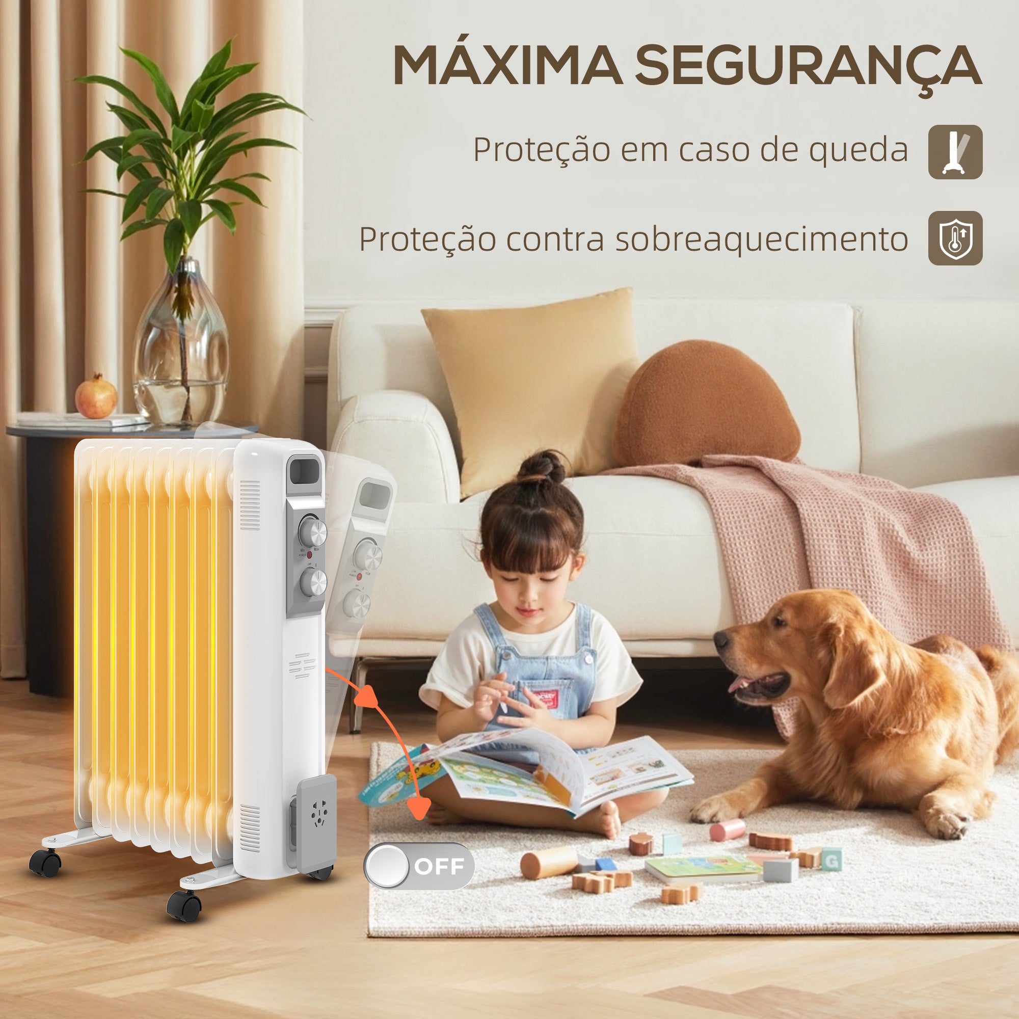 Aquecedor a Óleo Silencioso de 9 Elementos 2000W - Branco 29x41,5x62 cm