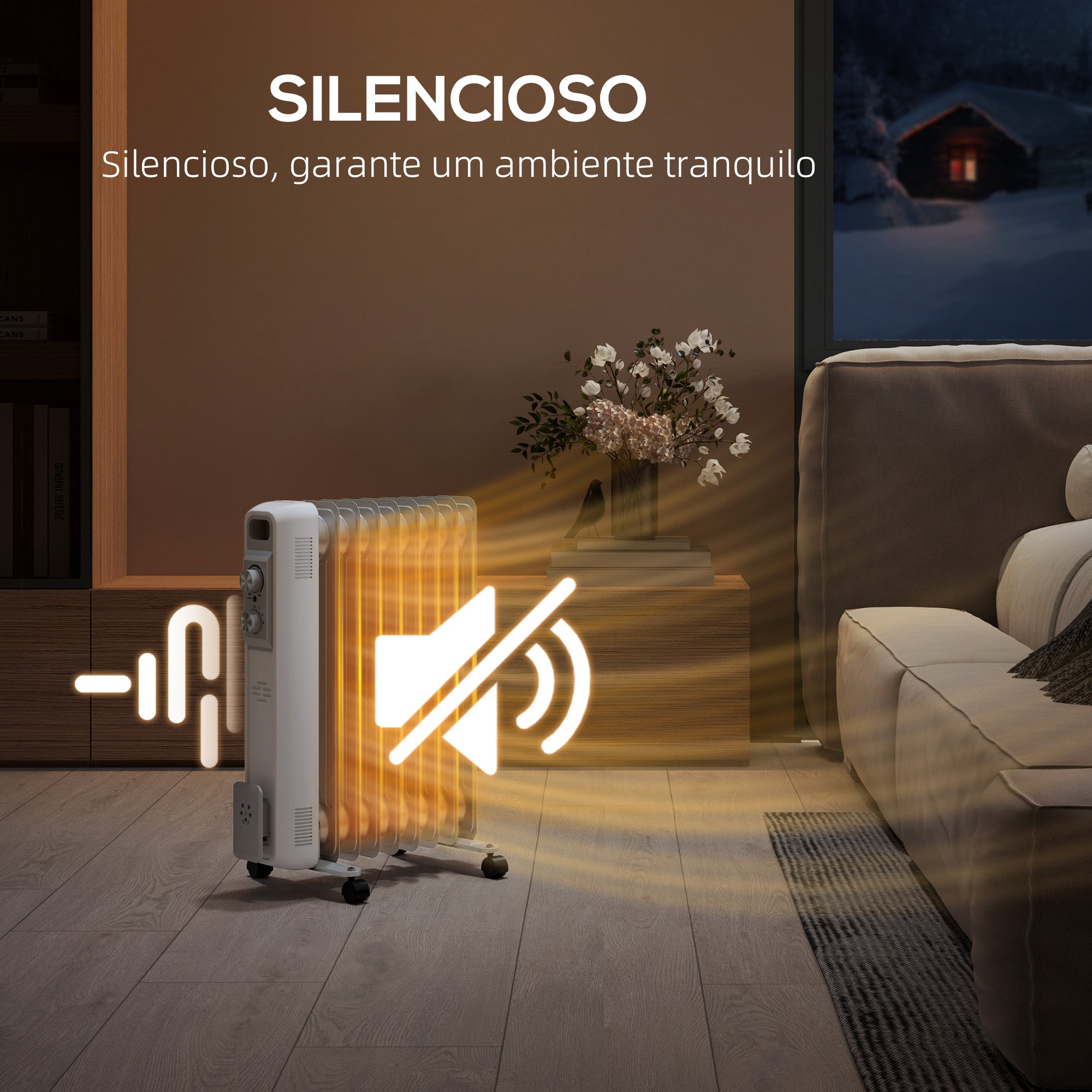Aquecedor a Óleo Silencioso de 9 Elementos 2000W - Branco 29x41,5x62 cm