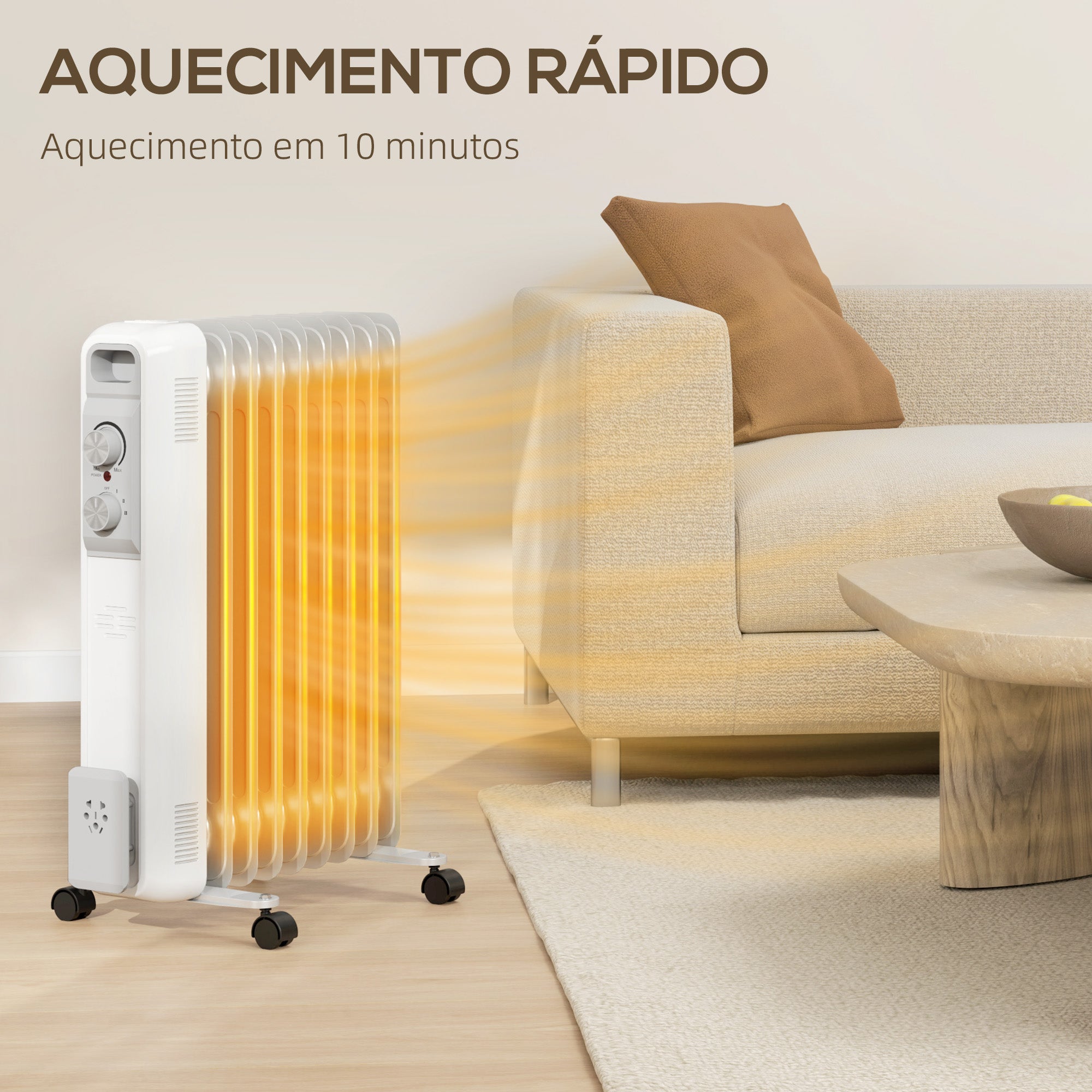Aquecedor a Óleo Silencioso de 9 Elementos 2000W - Branco 29x41,5x62 cm