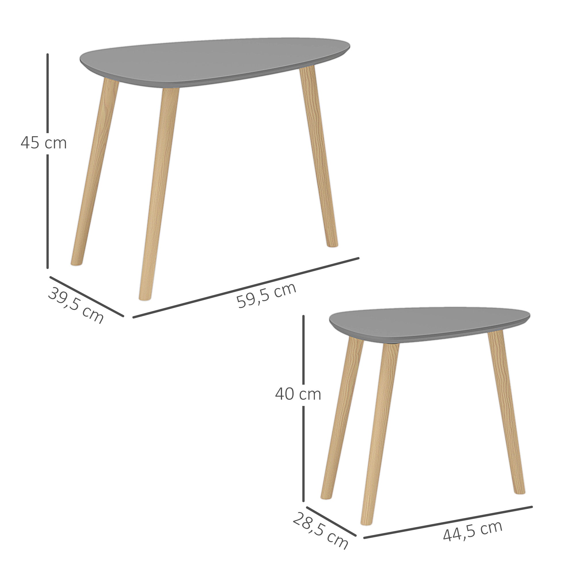 Conjunto de 2 Mesas Auxiliares – 59,5x39,5x45 cm e 44,5x28,5x40 cm – Cinza – MDF e Madeira de Pinho