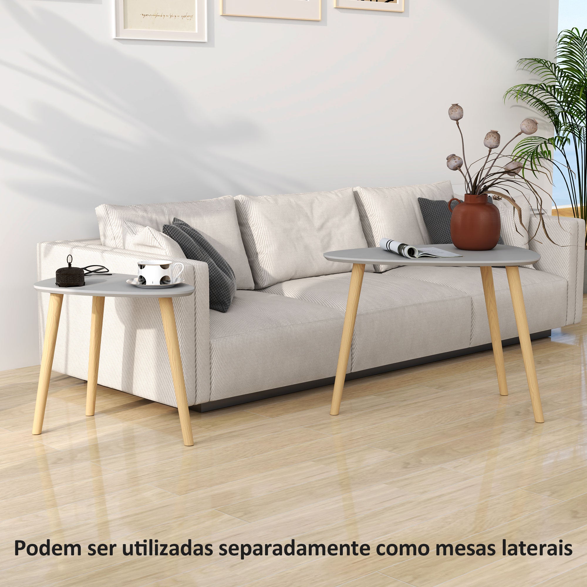 Conjunto de 2 Mesas Auxiliares – 59,5x39,5x45 cm e 44,5x28,5x40 cm – Cinza – MDF e Madeira de Pinho