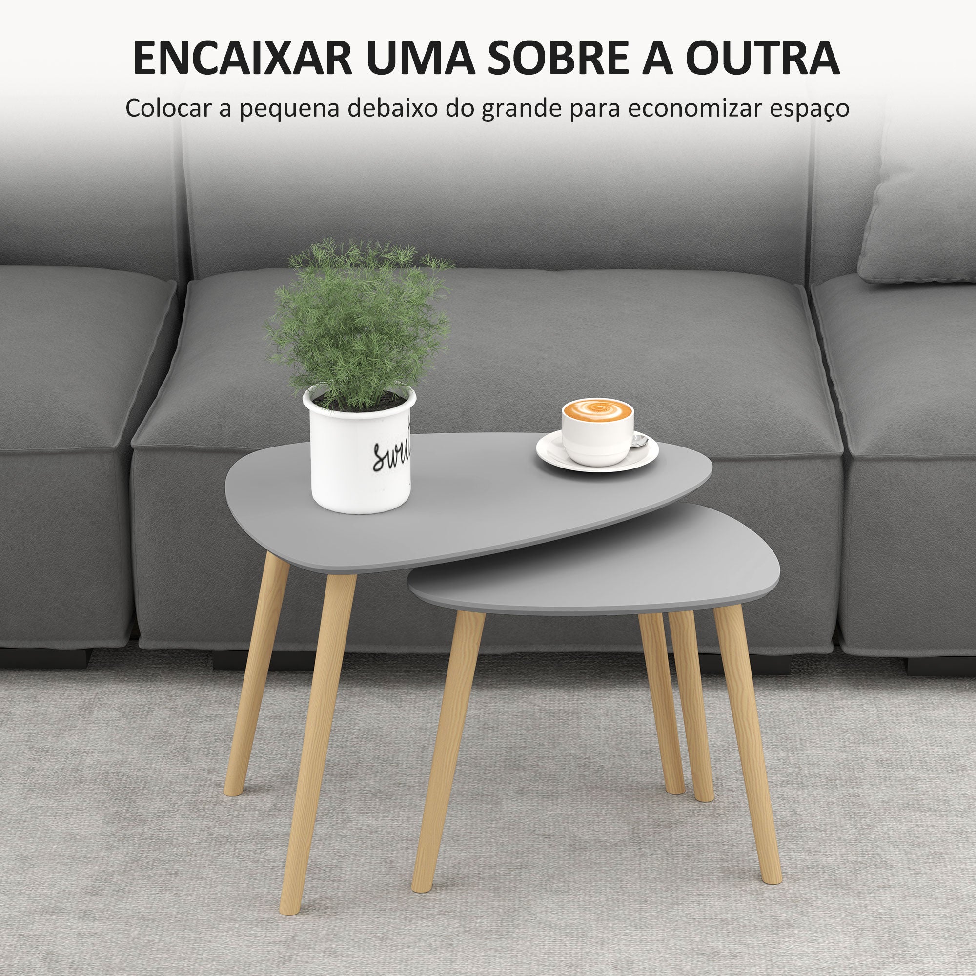 Conjunto de 2 Mesas Auxiliares – 59,5x39,5x45 cm e 44,5x28,5x40 cm – Cinza – MDF e Madeira de Pinho