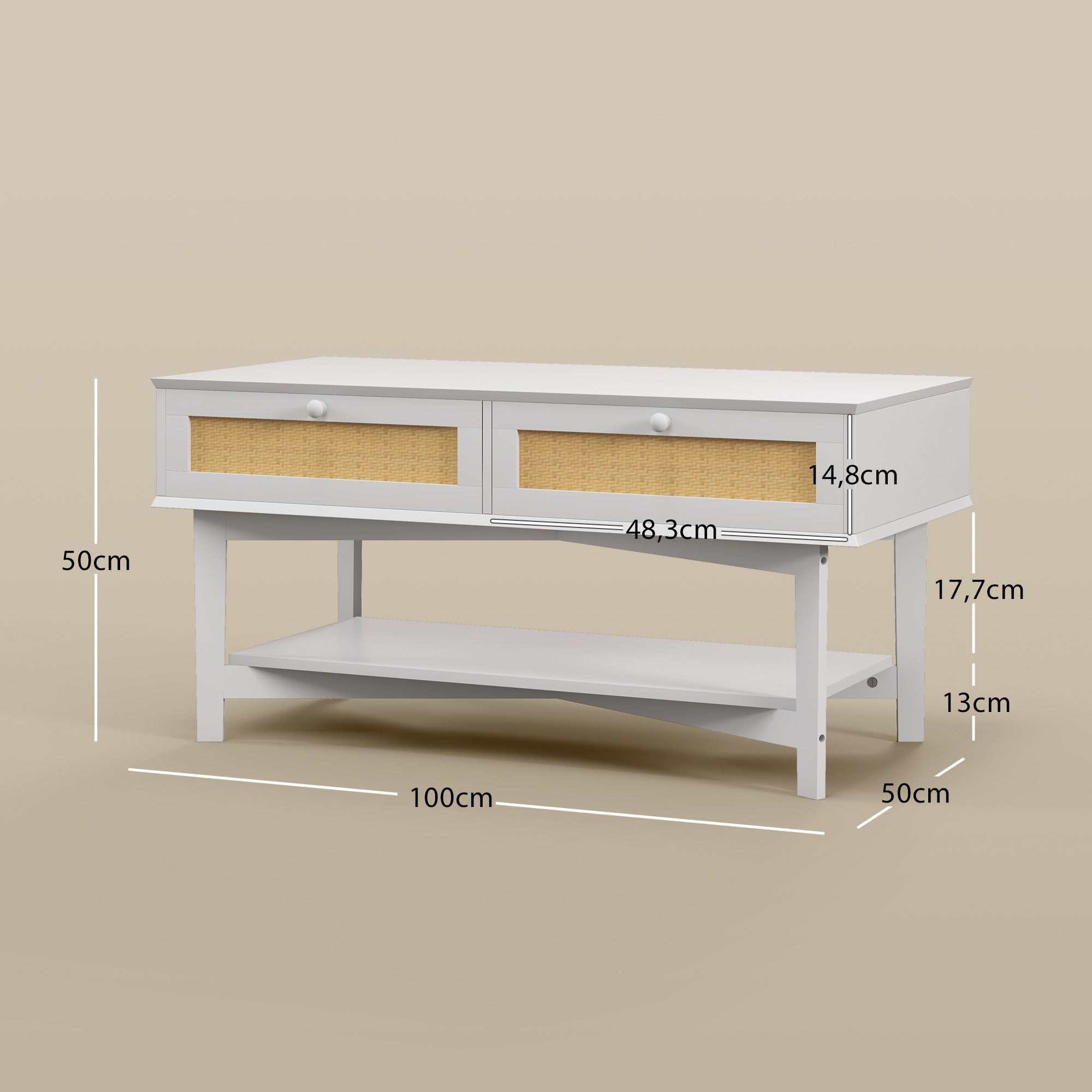 Mesa de Centro 100x50x50 cm Branco com Gavetas de Vime e Prateleira de Armazenamento