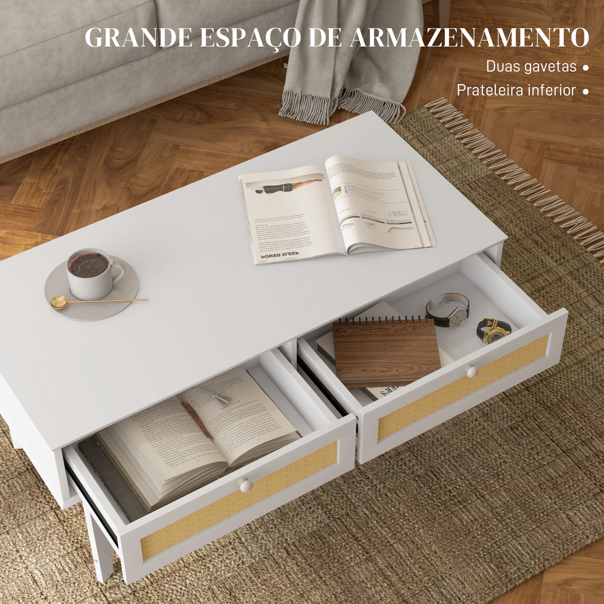Mesa de Centro 100x50x50 cm Branco com Gavetas de Vime e Prateleira de Armazenamento