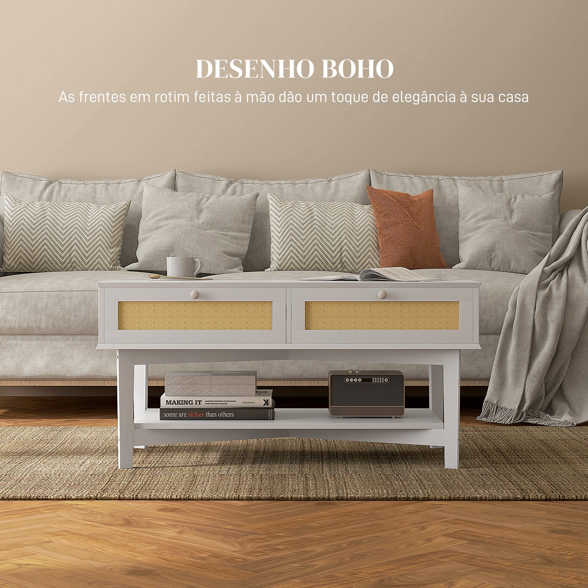 Mesa de Centro 100x50x50 cm Branco com Gavetas de Vime e Prateleira de Armazenamento