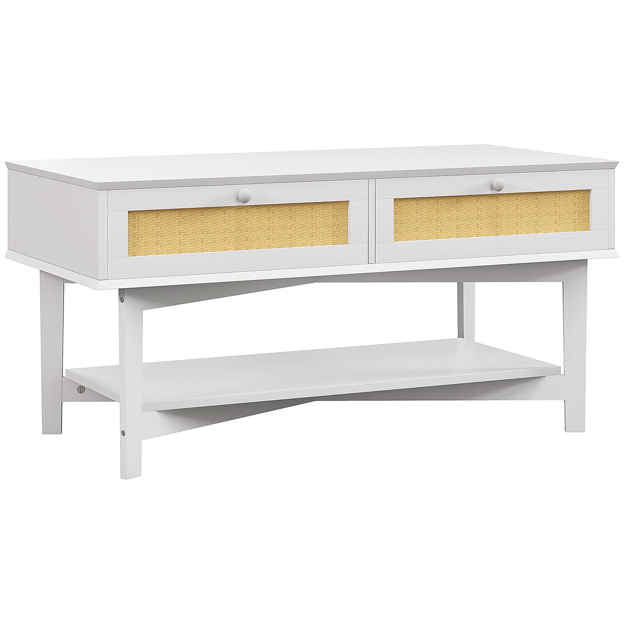 Mesa de Centro 100x50x50 cm Branco com Gavetas de Vime e Prateleira de Armazenamento