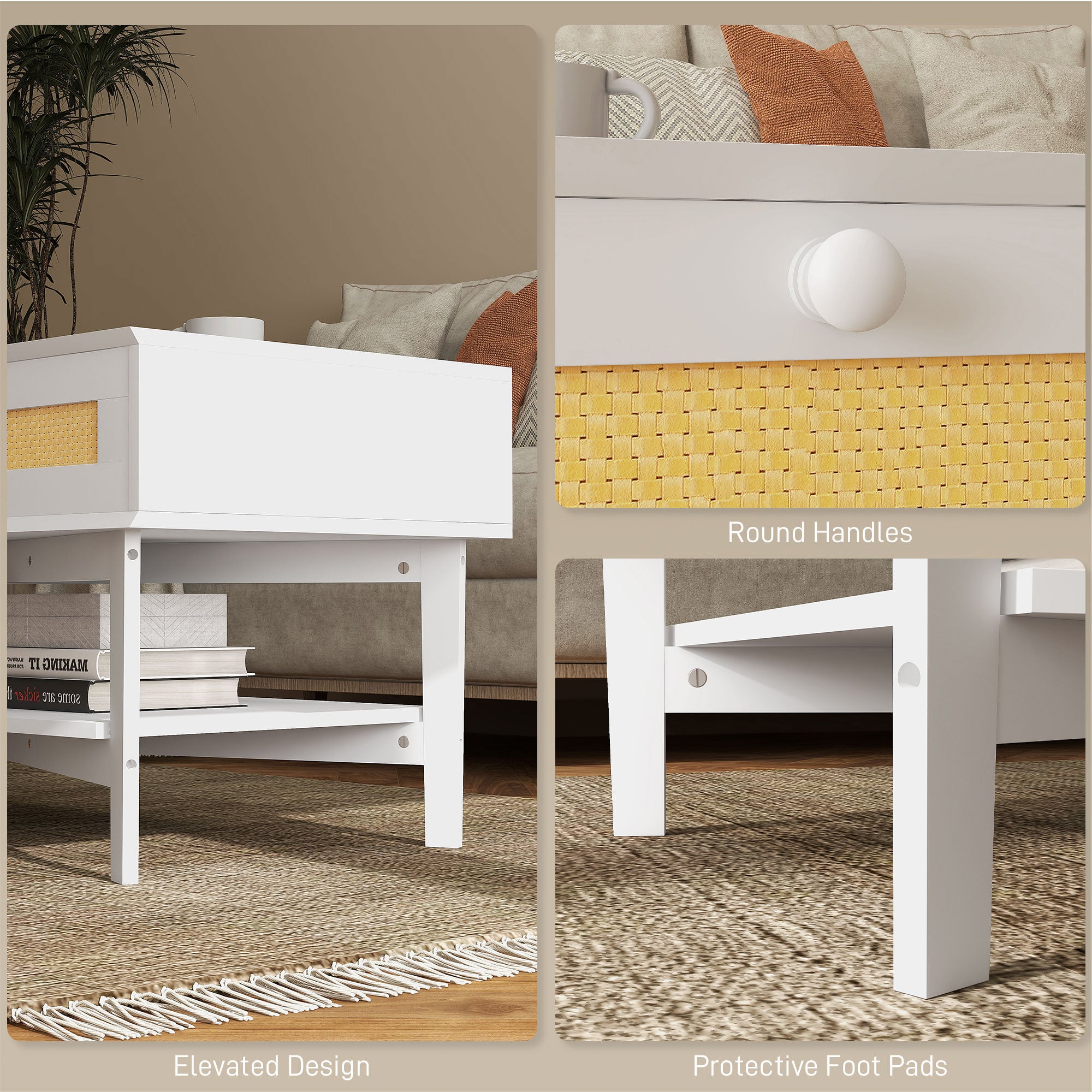 Mesa de Centro 100x50x50 cm Branco com Gavetas de Vime e Prateleira de Armazenamento