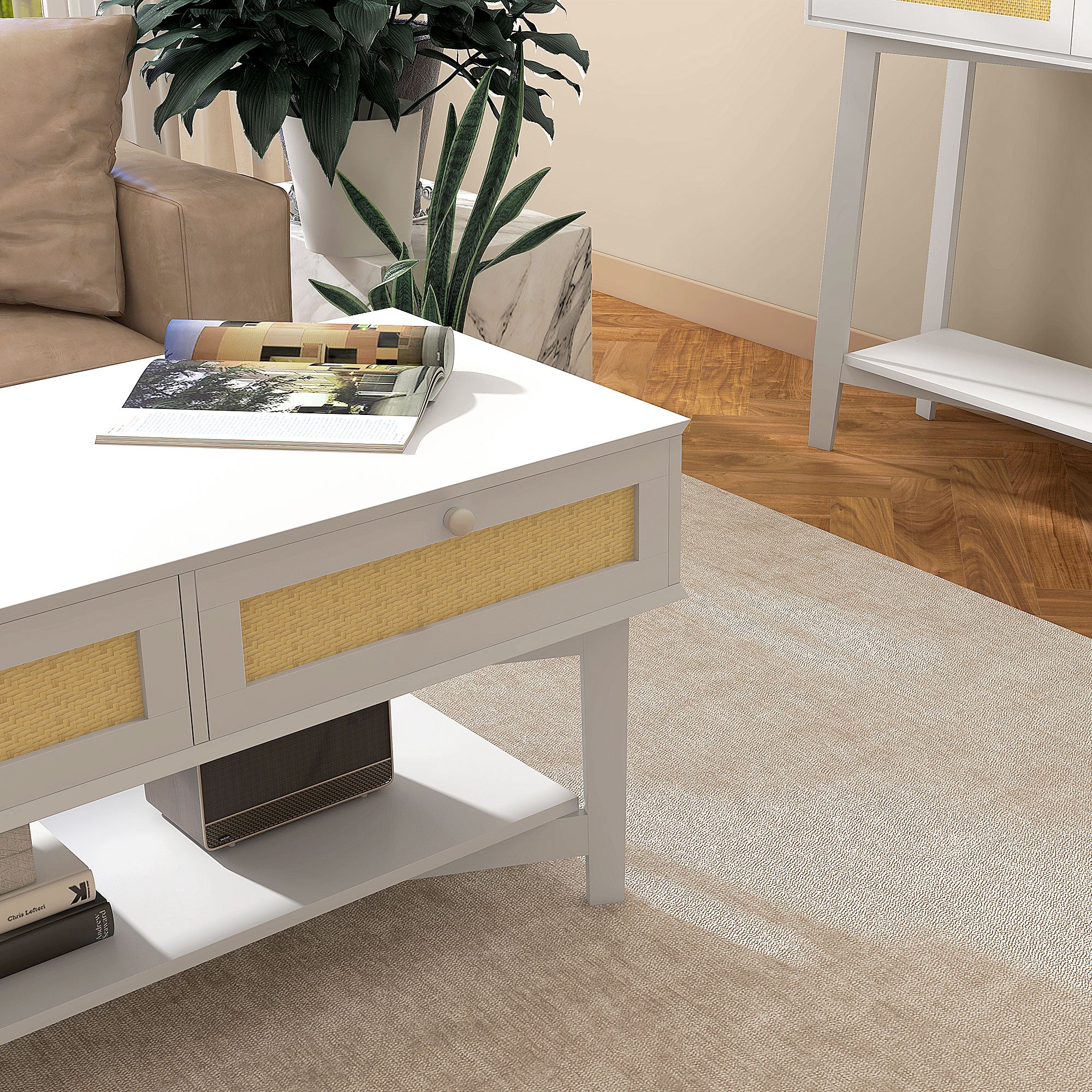 Mesa de Centro 100x50x50 cm Branco com Gavetas de Vime e Prateleira de Armazenamento