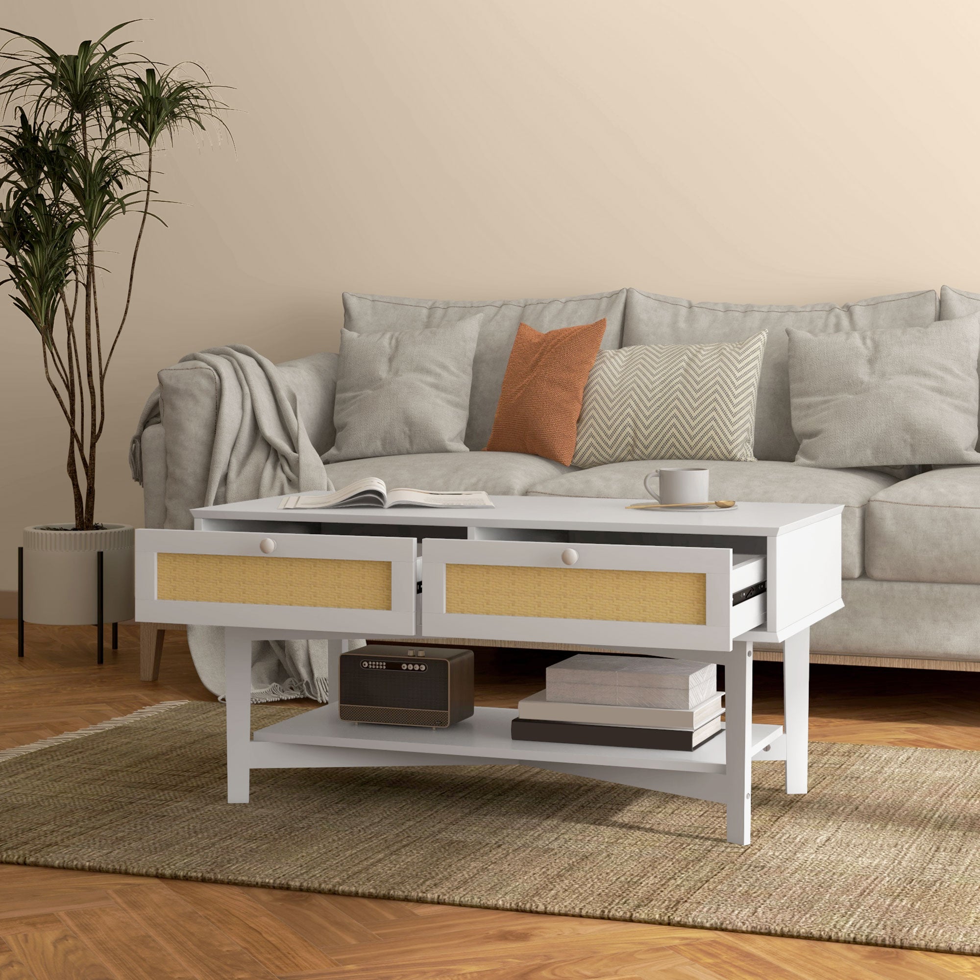 Mesa de Centro 100x50x50 cm Branco com Gavetas de Vime e Prateleira de Armazenamento