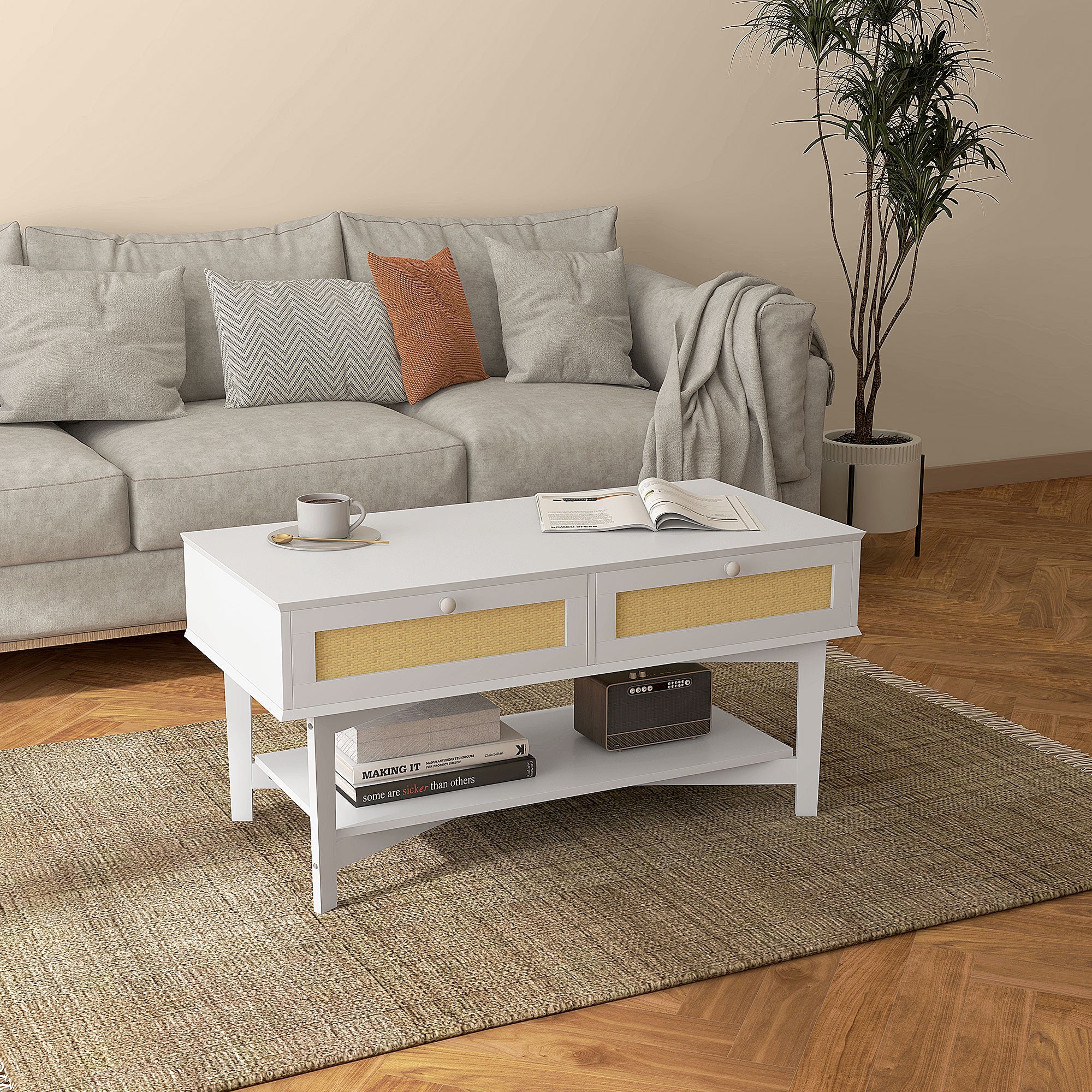 Mesa de Centro 100x50x50 cm Branco com Gavetas de Vime e Prateleira de Armazenamento