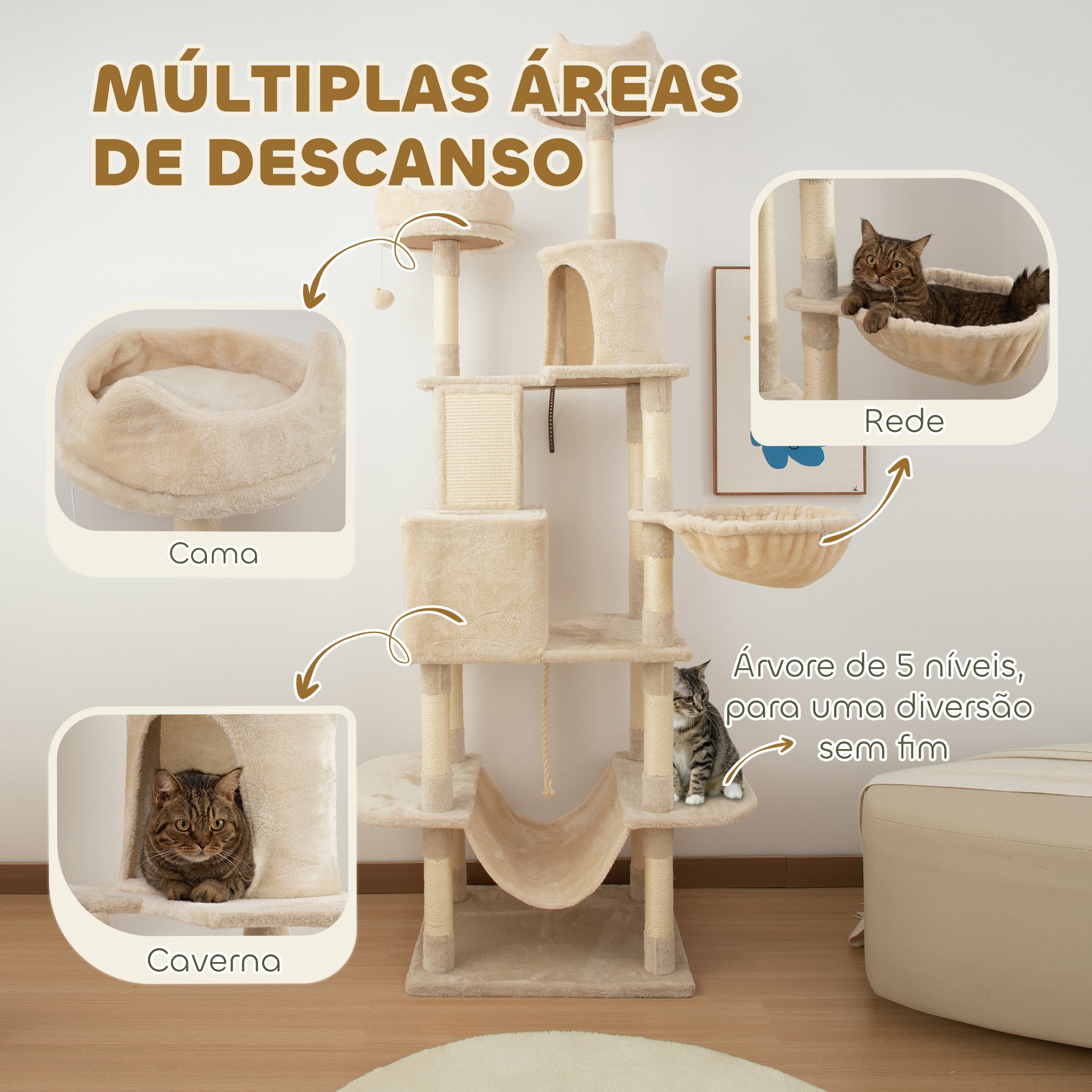 Arranhador para Gatos Grande Bege 60x50x206 cm