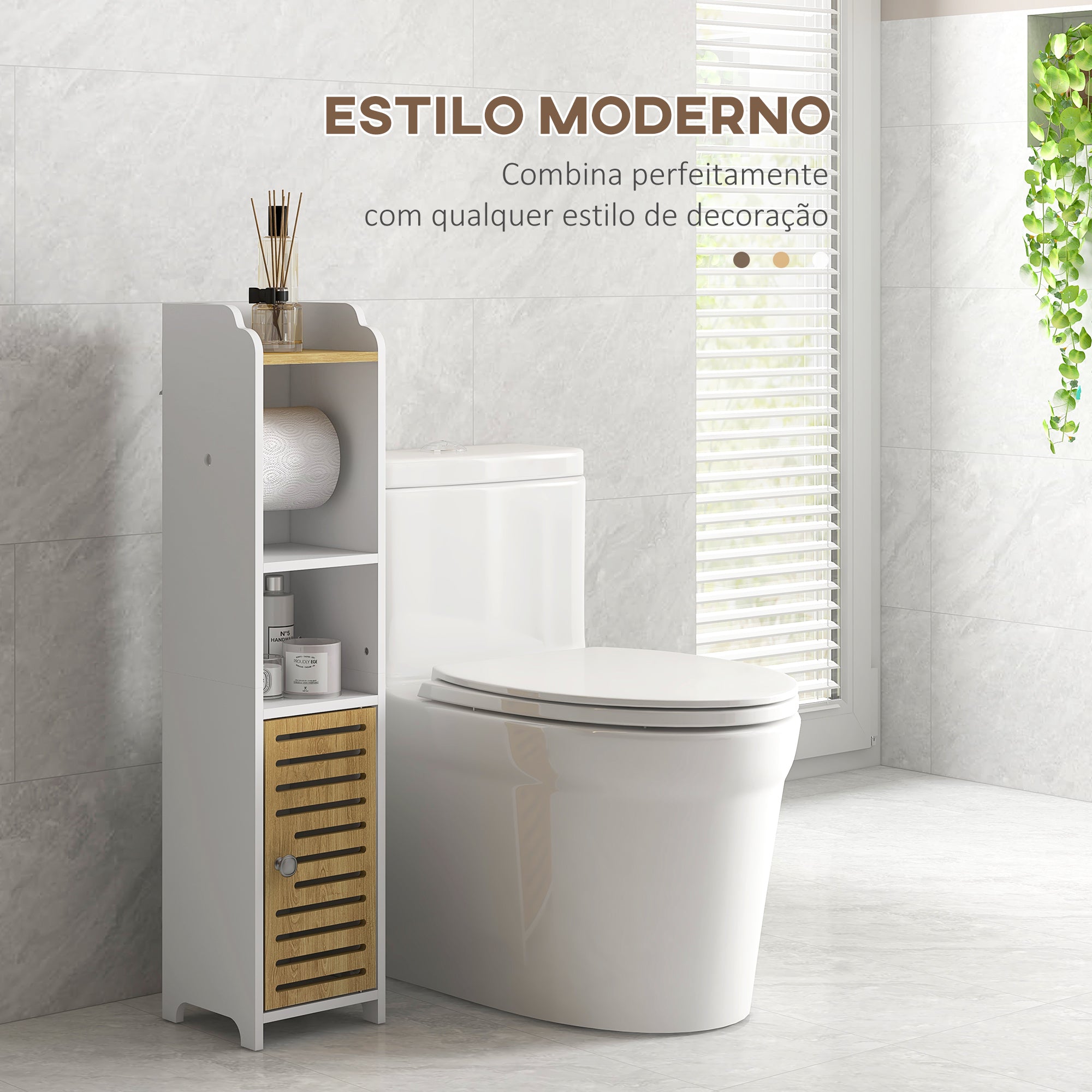 Armário Casa de Banho Moderno 18x20x90 cm Branco e Madeira