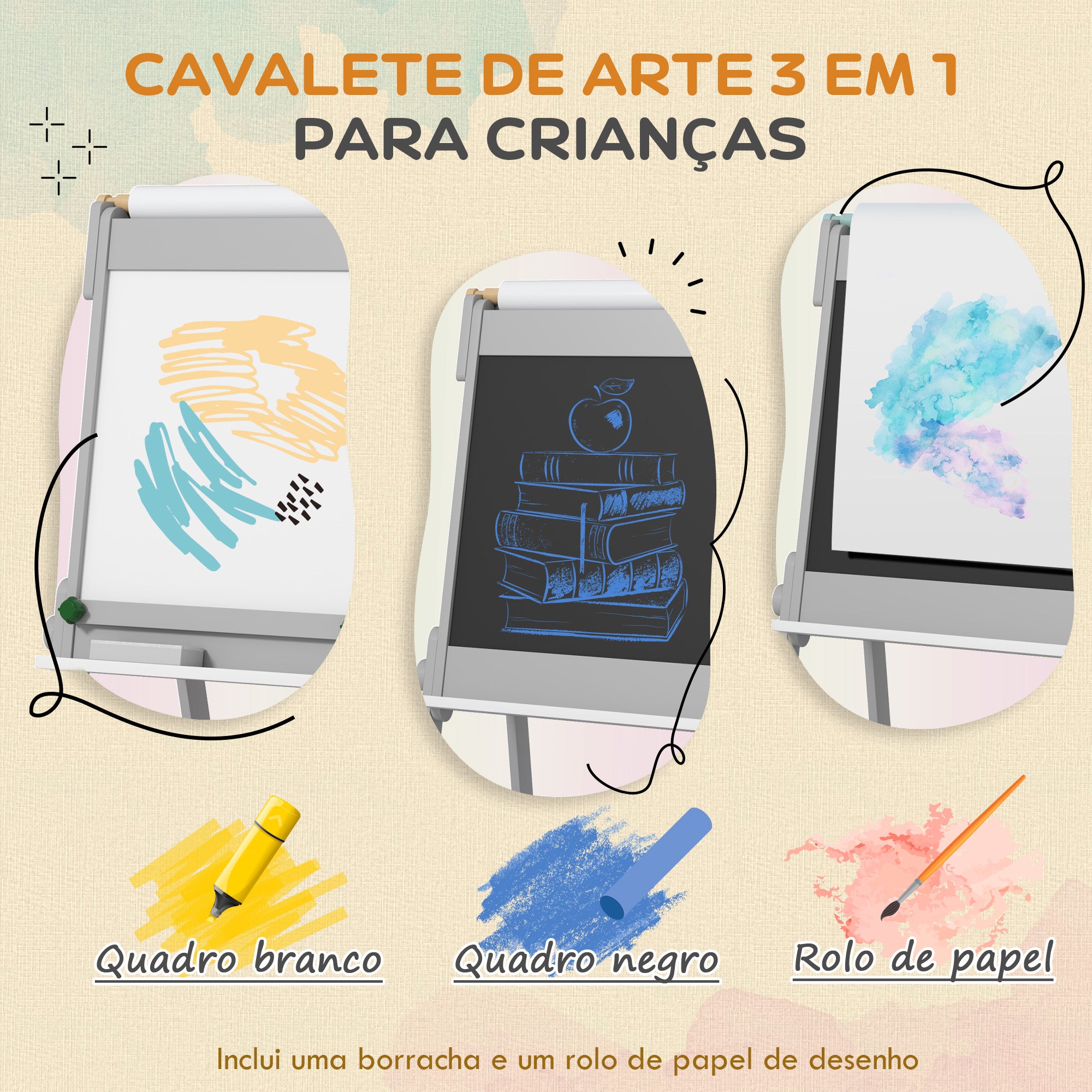 Cavalete de Pintura Infantil 3 em 1 Cinzento 51x50x108 cm