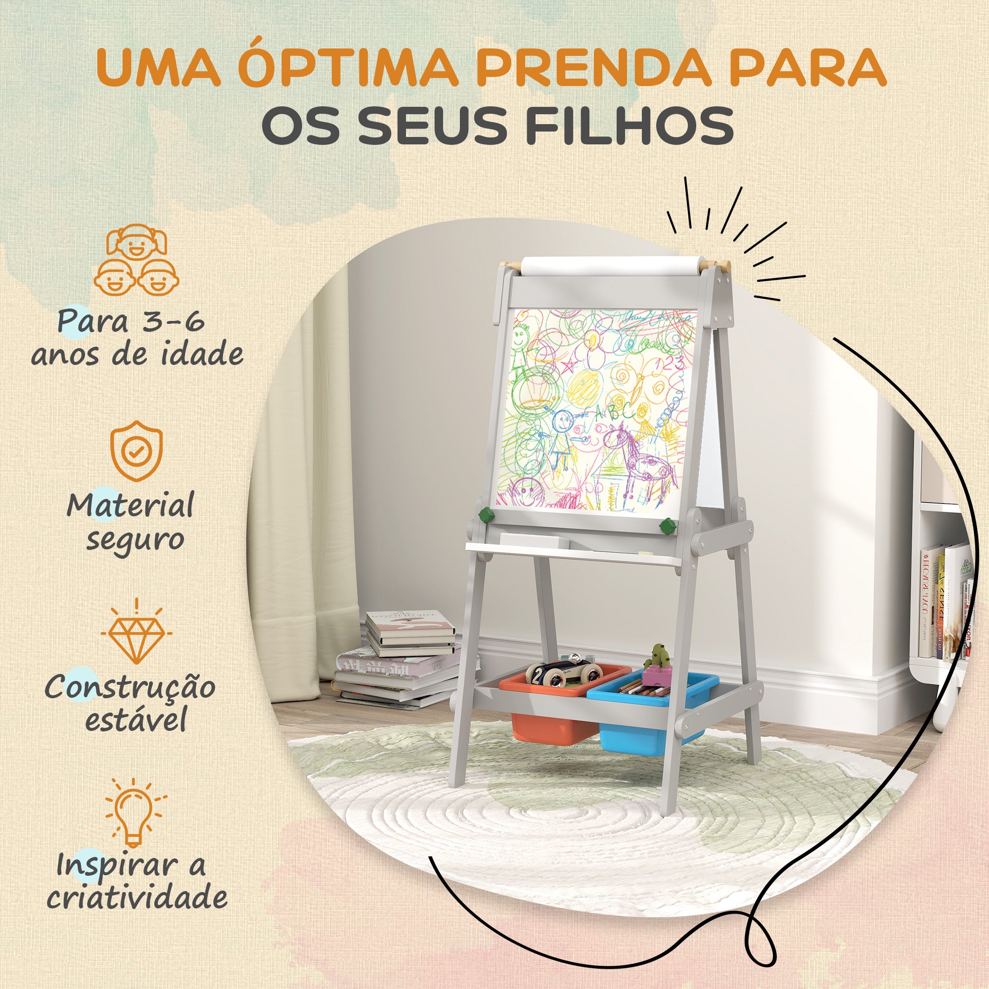Cavalete de Pintura Infantil 3 em 1 Cinzento 51x50x108 cm