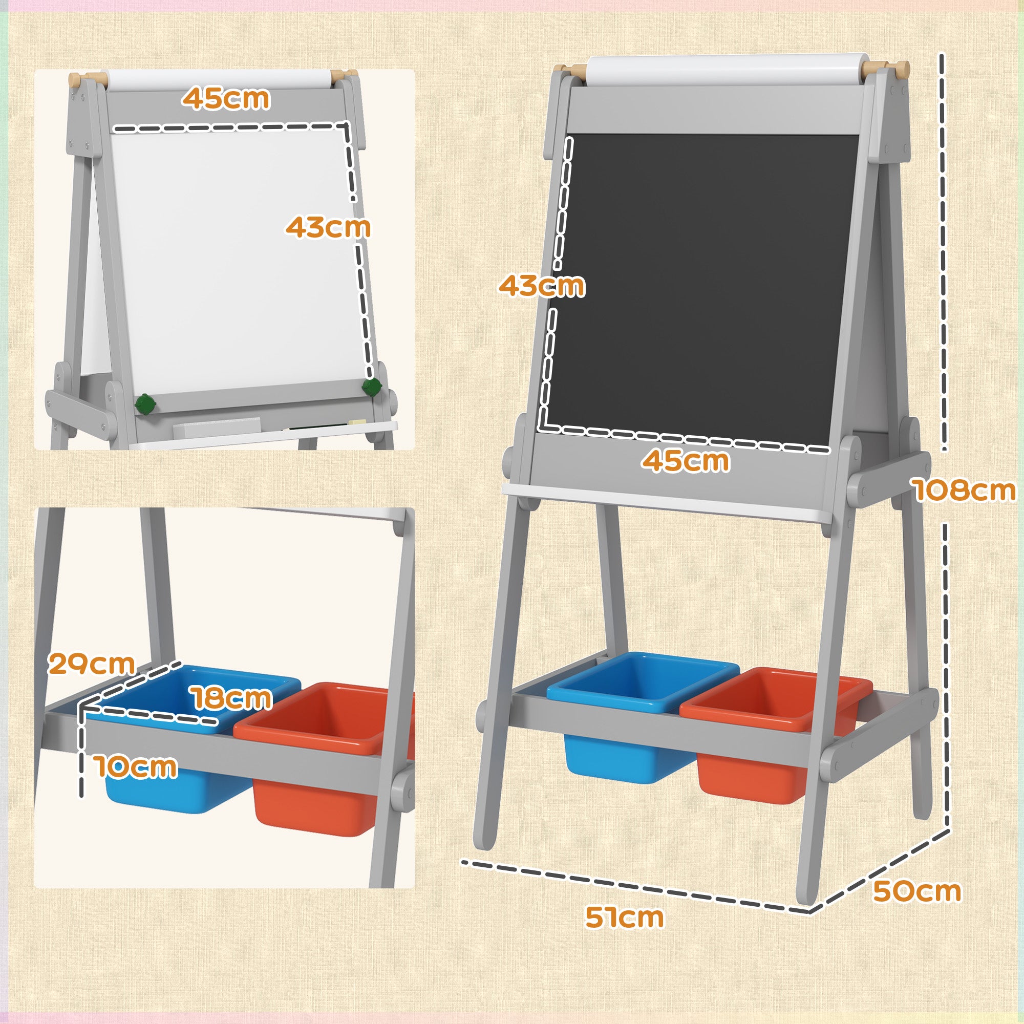 Cavalete de Pintura Infantil 3 em 1 Cinzento 51x50x108 cm