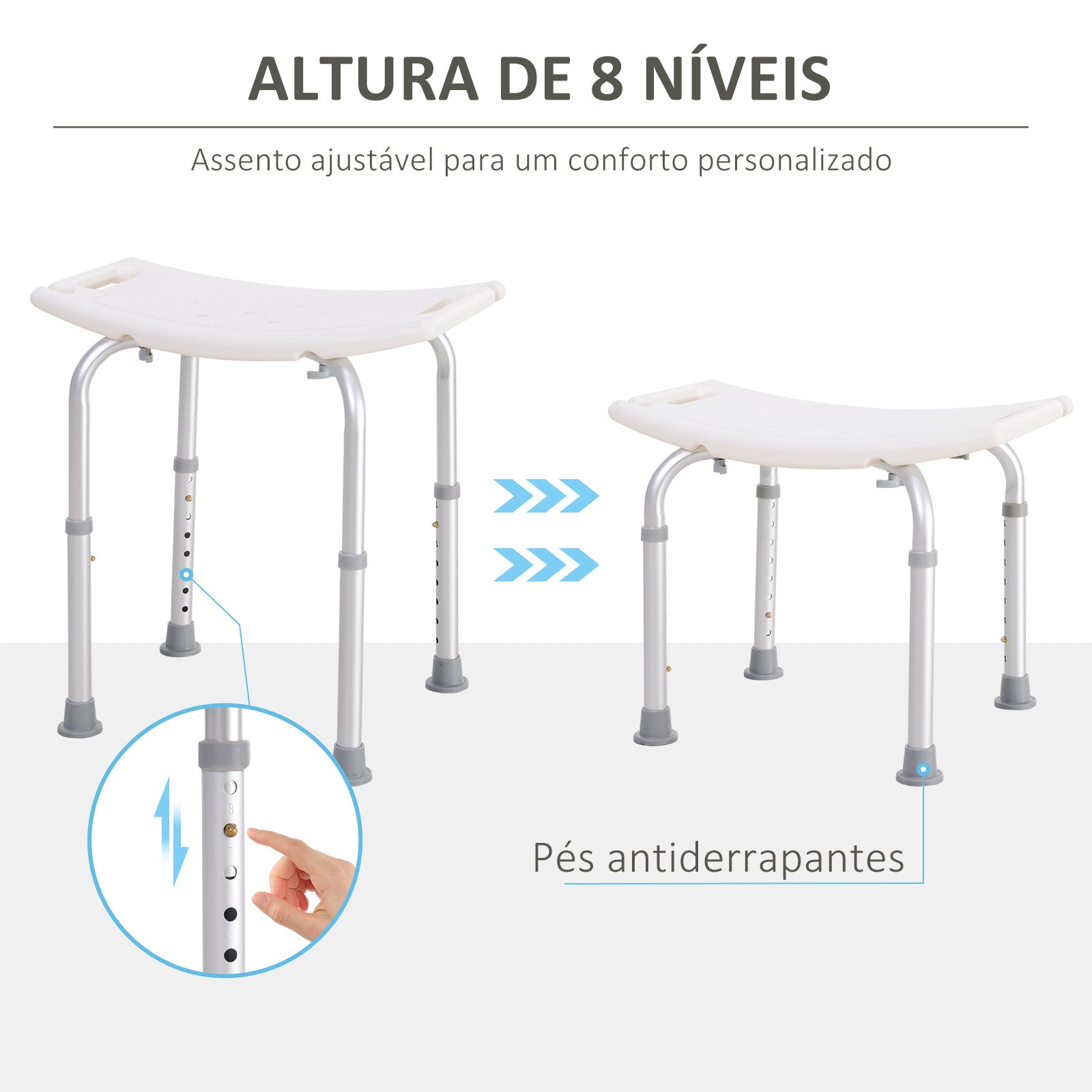 Banco de Duche com Altura Ajustável – 50x36x39,5-56,5 cm – Branco e Prata – Alumínio e Plástico