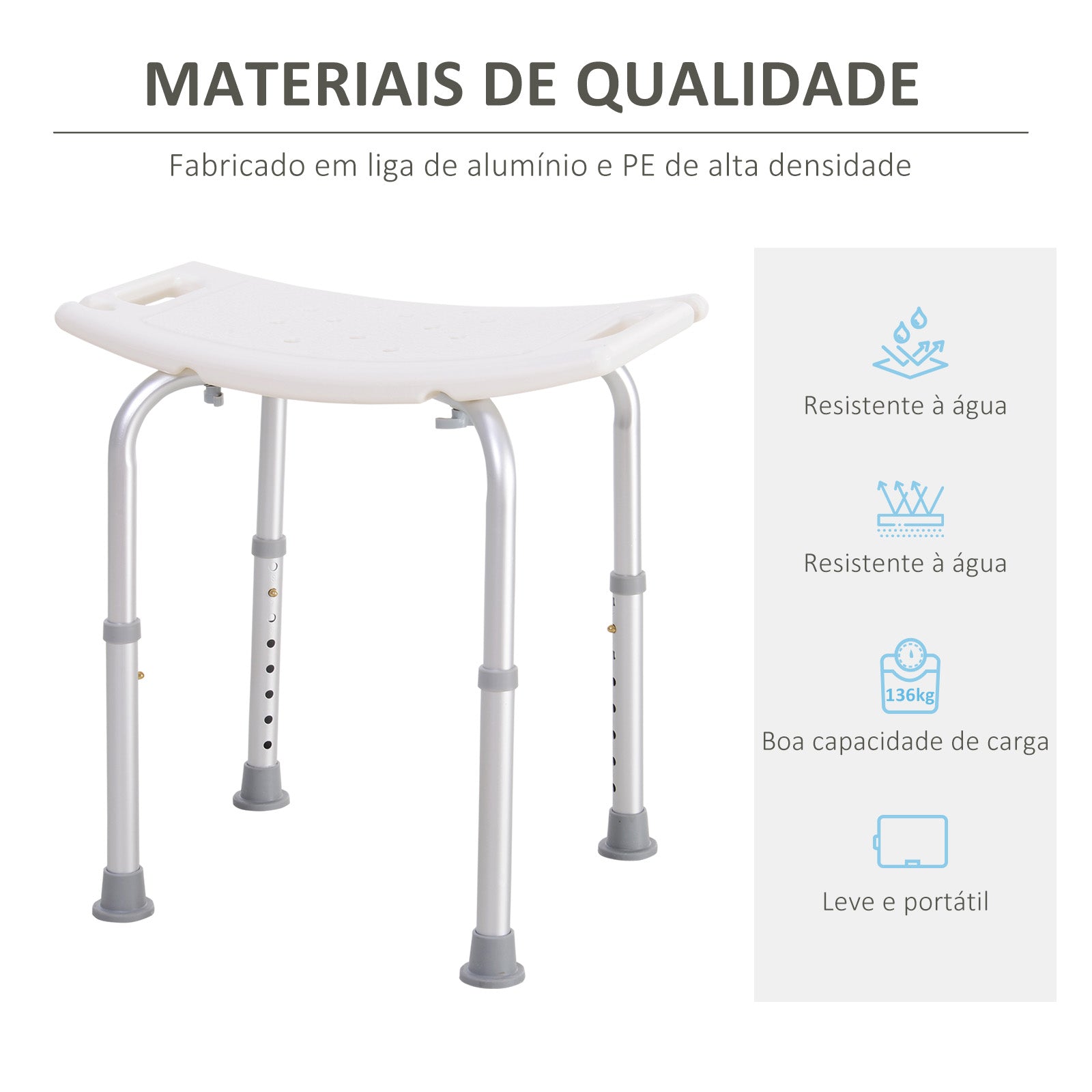Banco de Duche com Altura Ajustável – 50x36x39,5-56,5 cm – Branco e Prata – Alumínio e Plástico