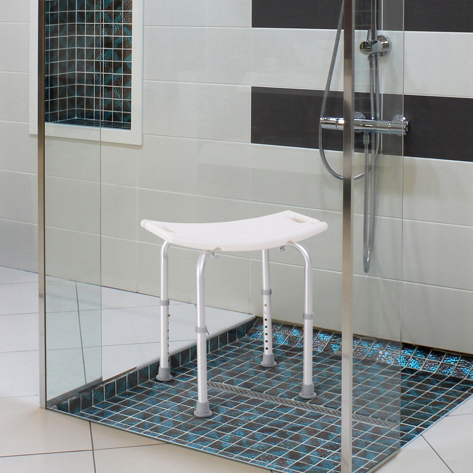 Banco de Duche com Altura Ajustável – 50x36x39,5-56,5 cm – Branco e Prata – Alumínio e Plástico