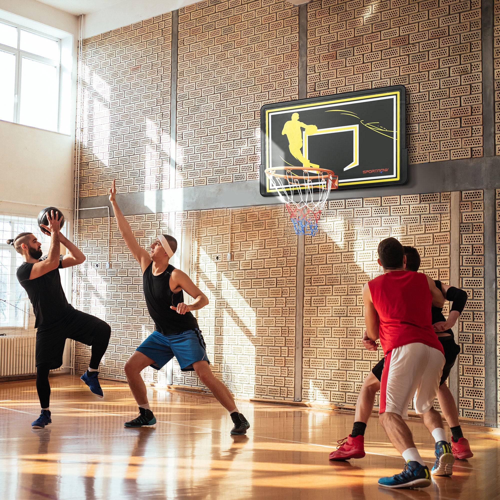Tabela de Basquetebol de Parede – 110x90x70 cm – Preto e Amarelo – Aço, PE e nylon