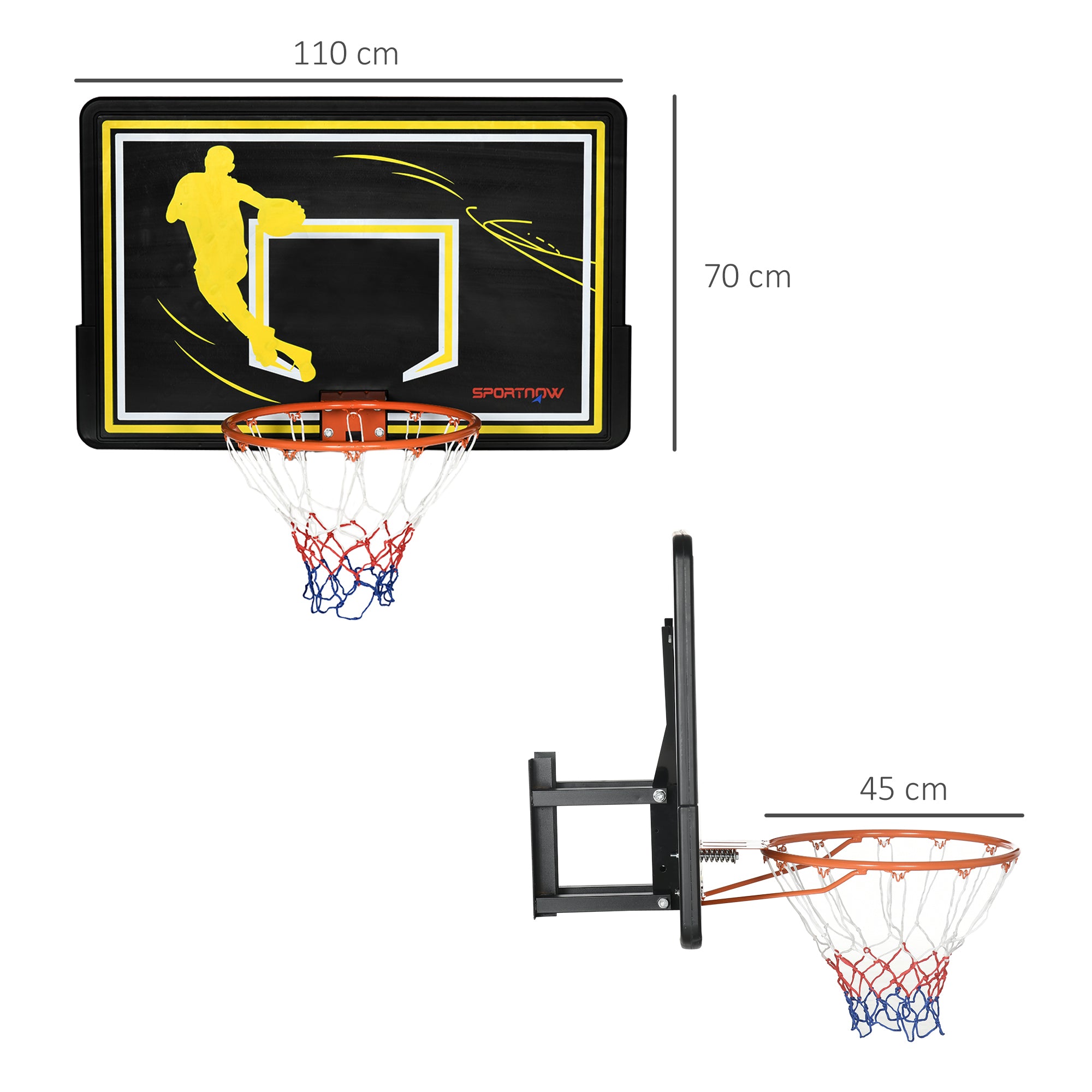 Tabela de Basquetebol de Parede – 110x90x70 cm – Preto e Amarelo – Aço, PE e nylon