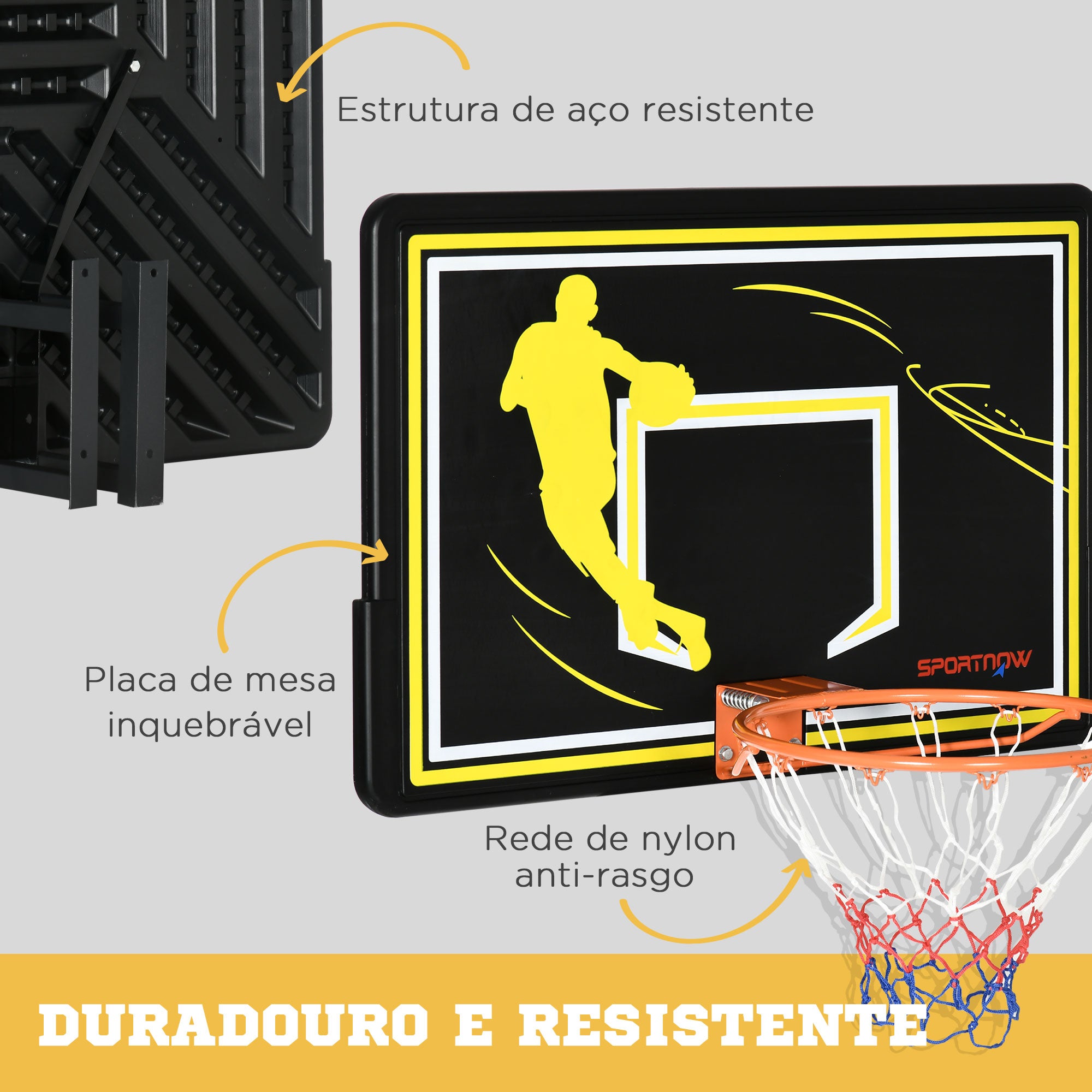 Tabela de Basquetebol de Parede – 110x90x70 cm – Preto e Amarelo – Aço, PE e nylon