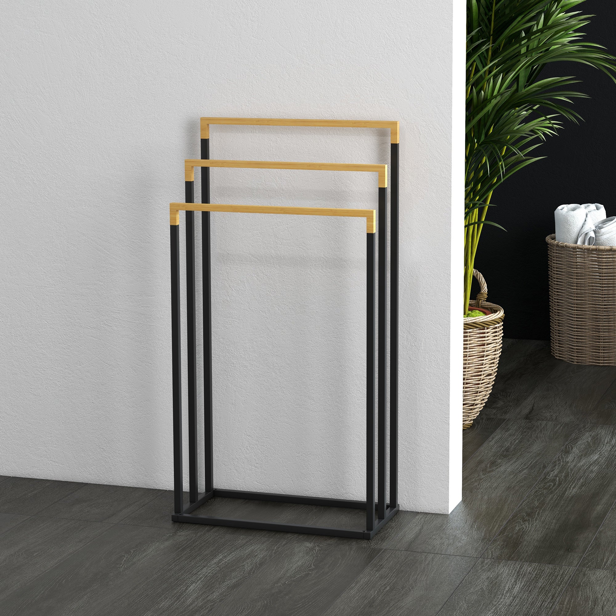 Toalheiro de Pé de 3 Níveis em Forma de Escada 45x22,5x86 cm - Preto e Natural