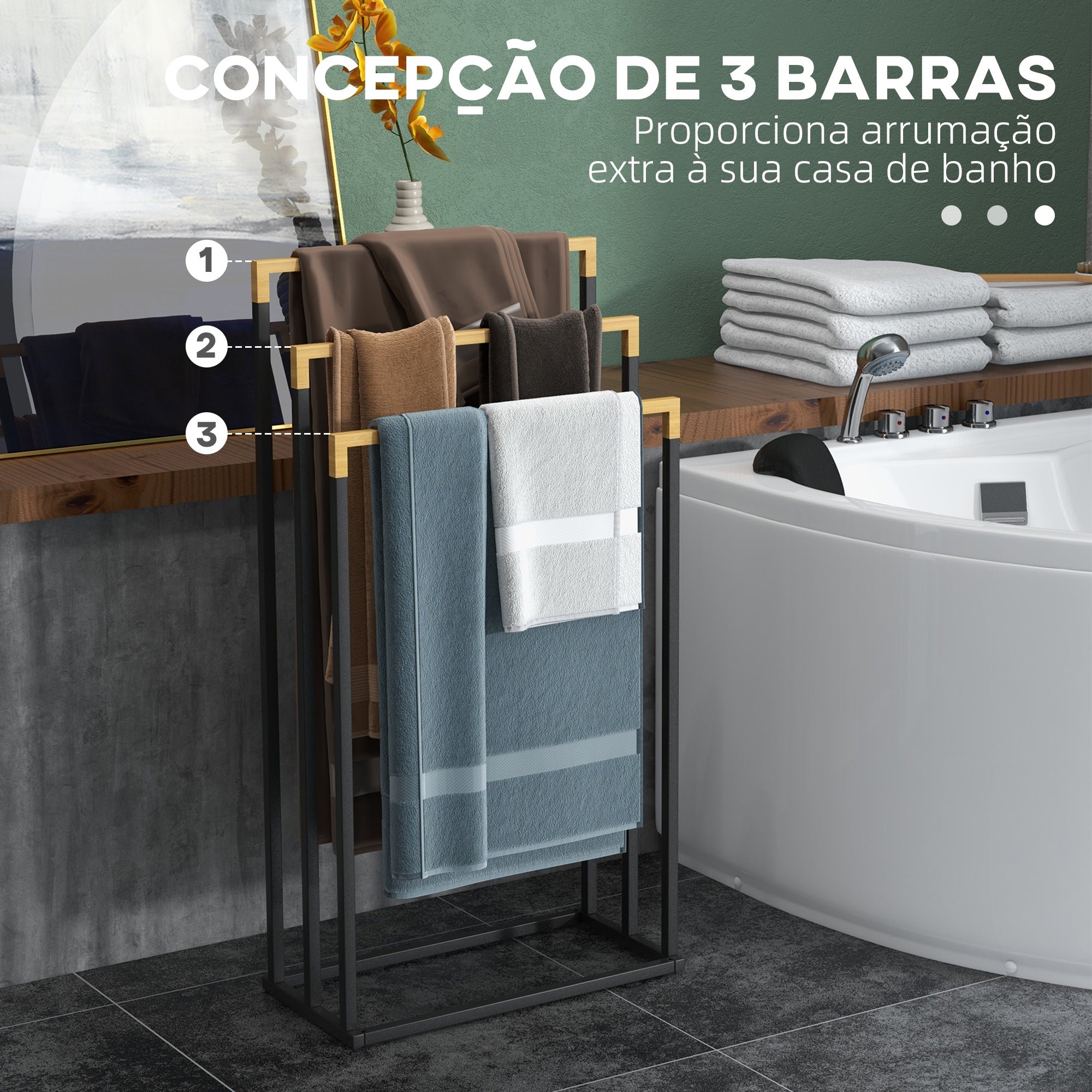 Toalheiro de Pé de 3 Níveis em Forma de Escada 45x22,5x86 cm - Preto e Natural