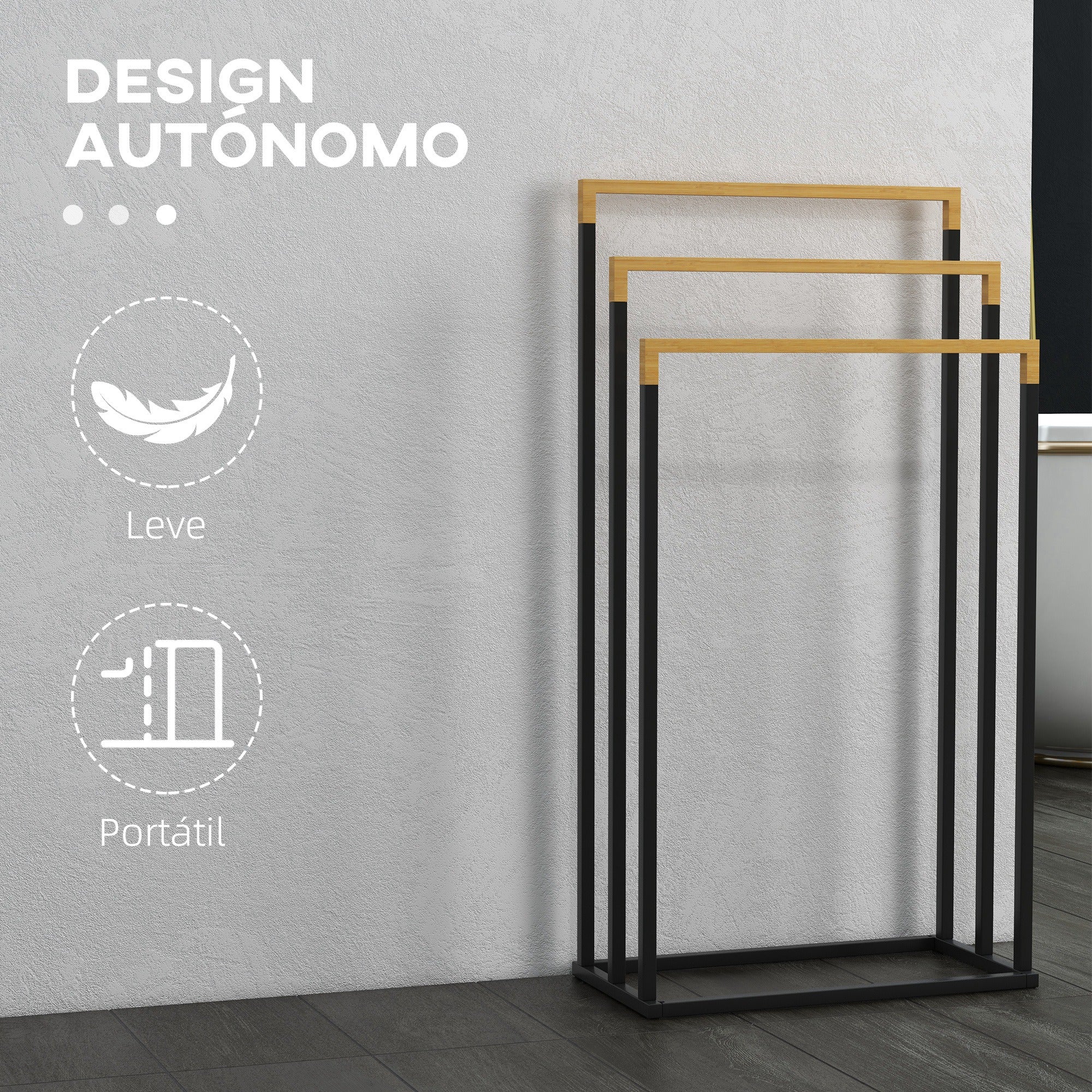Toalheiro de Pé de 3 Níveis em Forma de Escada 45x22,5x86 cm - Preto e Natural