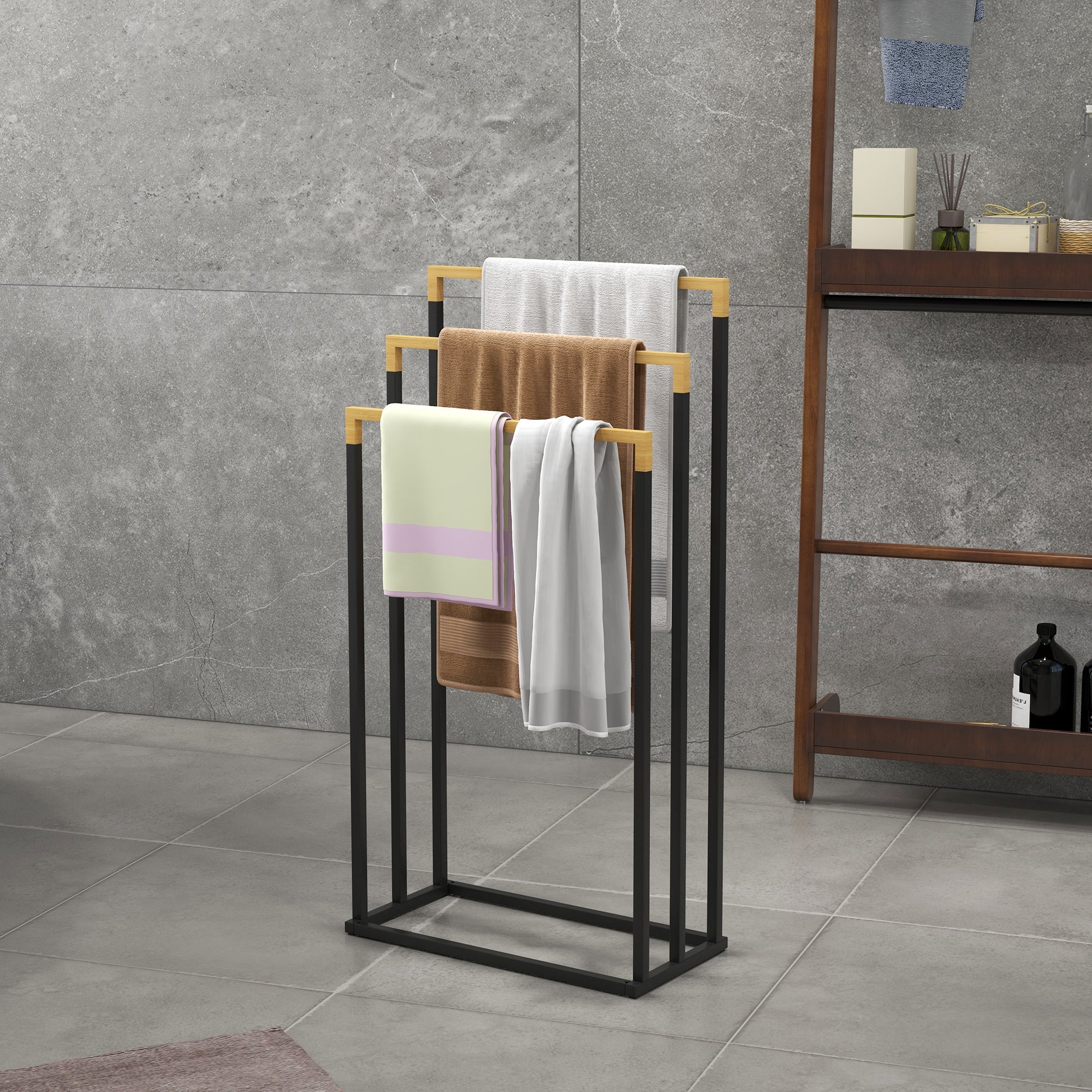 Toalheiro de Pé de 3 Níveis em Forma de Escada 45x22,5x86 cm - Preto e Natural