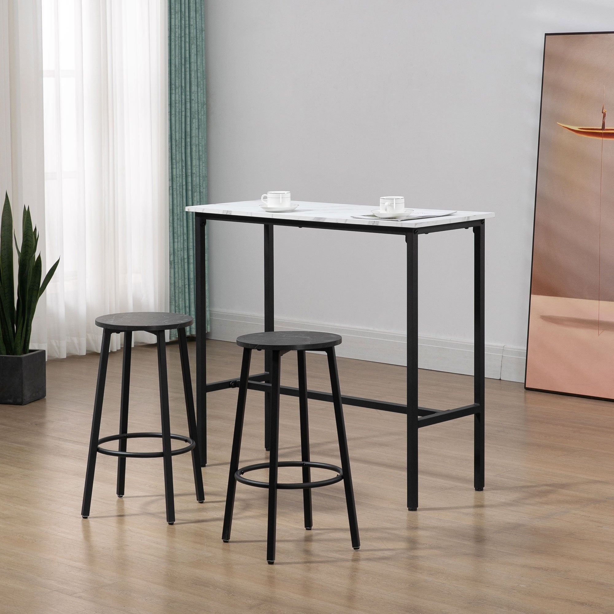 Conjunto de Mesa Alta e Bancos Redondos – 100x40x90 cm – Branco e Preto – Aço e Aglomerado de Madeira